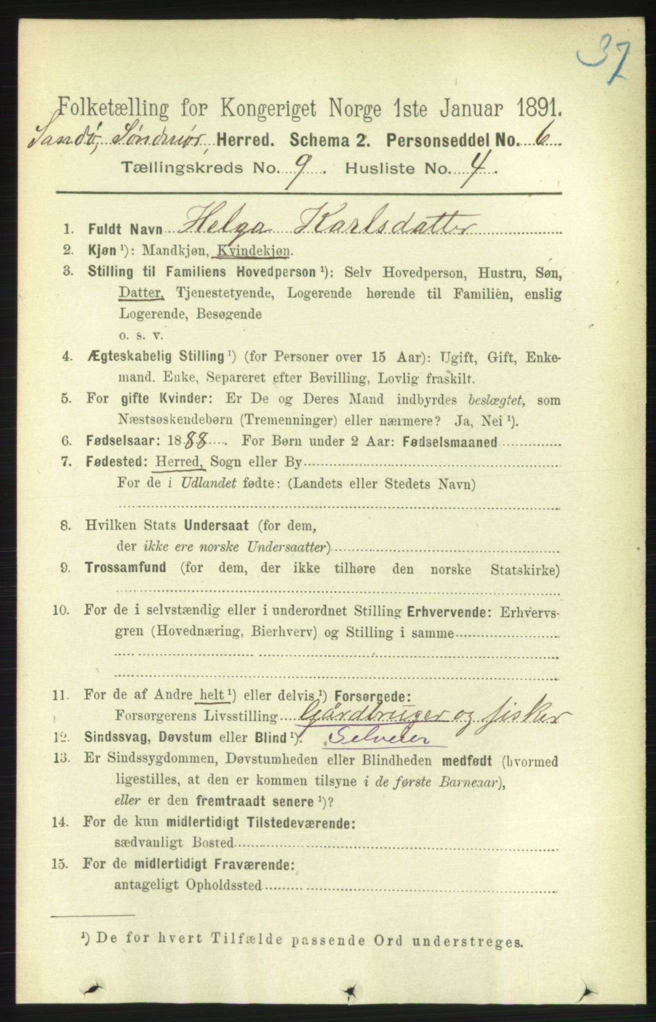 RA, 1891 census for 1514 Sande, 1891, p. 1518