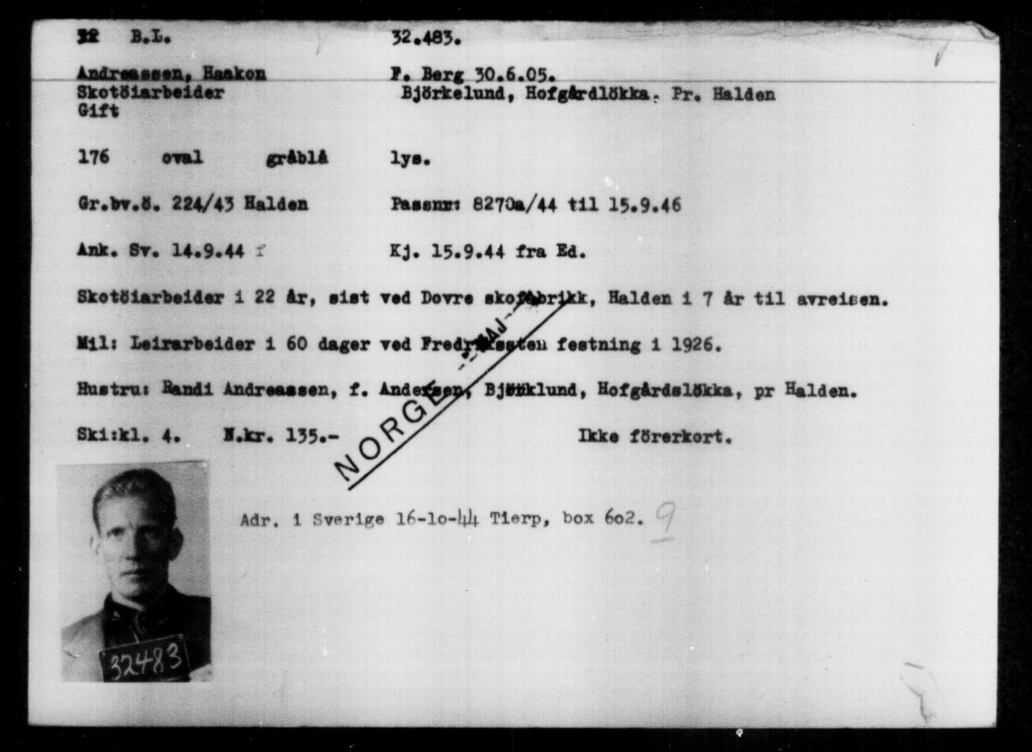 Utenriksstasjonene, Legasjonen i Stockholm, Flyktningkontoret, AV/RA-S-6753/V/Va/L0013: Kjesäterkartoteket, flyktninger med registreringsnr. 31500-34731, 1940-1945, p. 1037