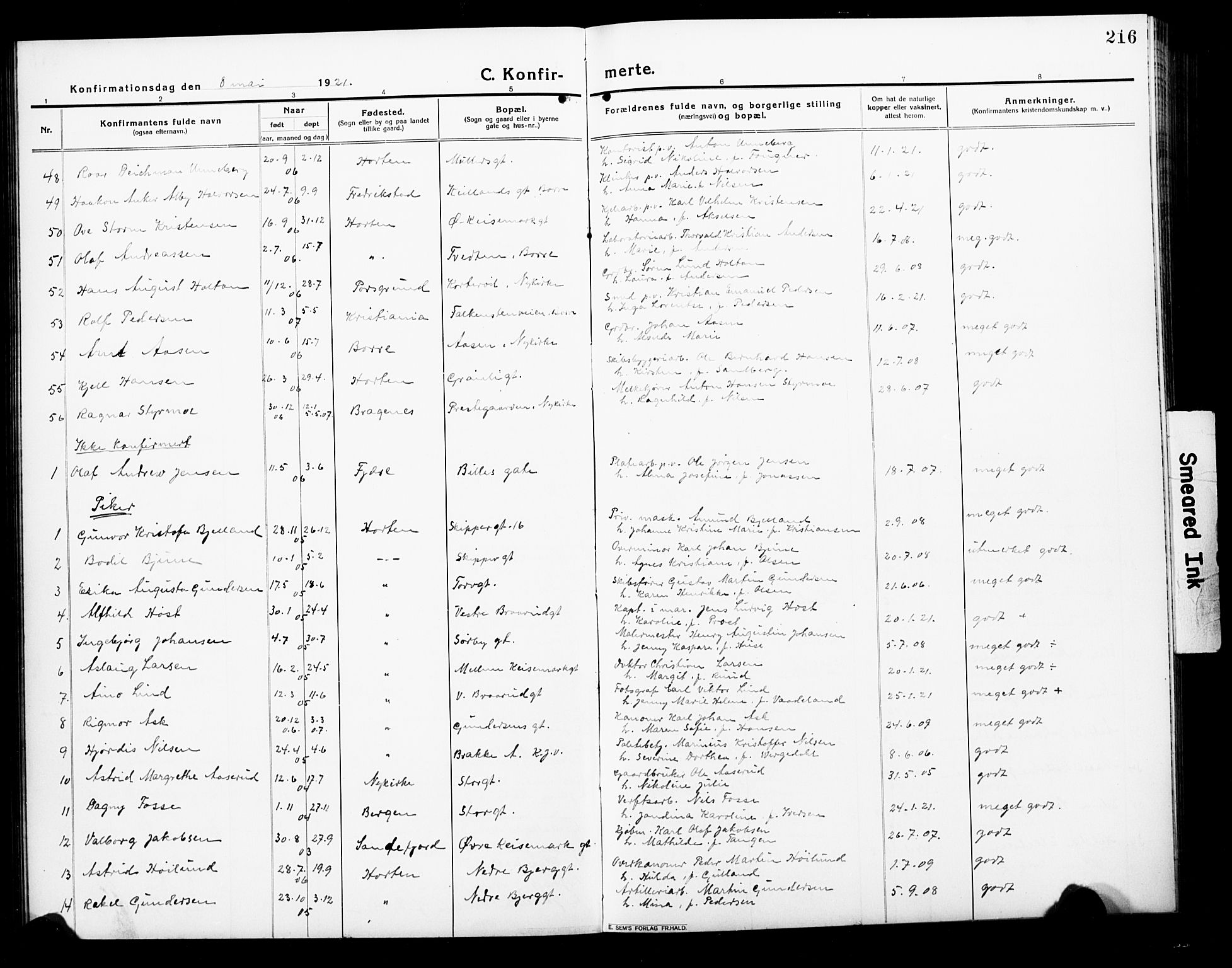 Horten kirkebøker, AV/SAKO-A-348/G/Ga/L0008: Parish register (copy) no. 8, 1916-1926, p. 216