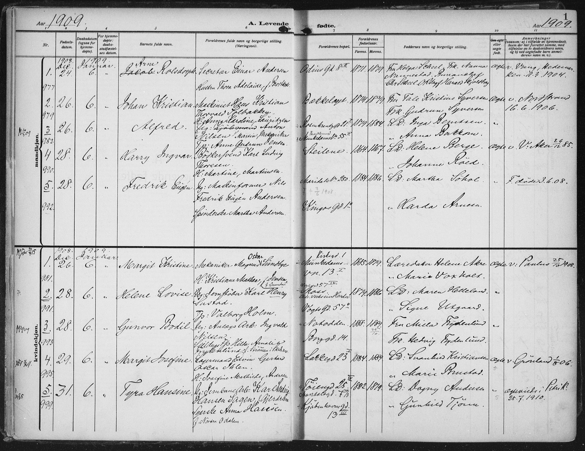 Rikshospitalet prestekontor Kirkebøker, SAO/A-10309b/F/L0014: Parish register (official) no. 14, 1909-1912, p. 1