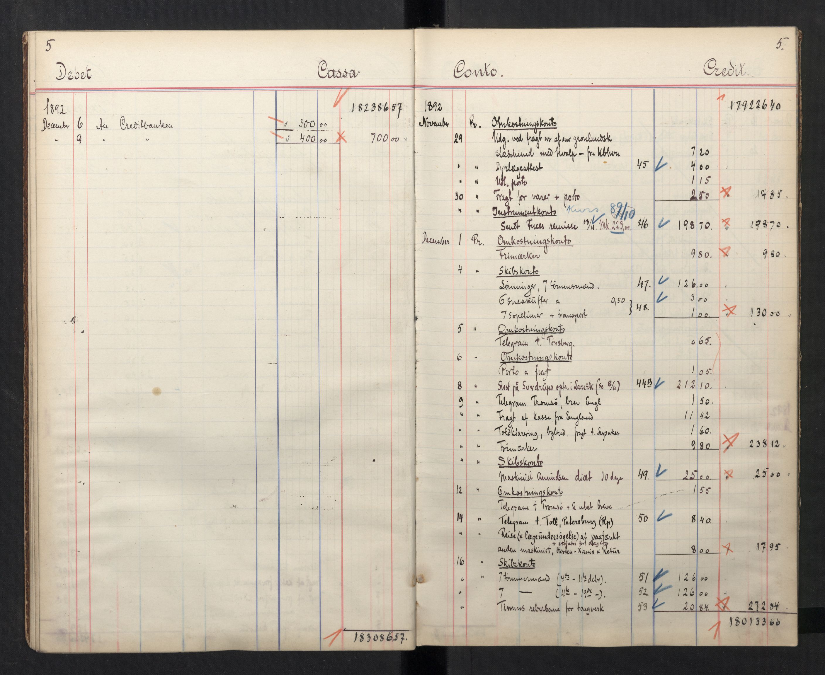 Arbeidskomitéen for Fridtjof Nansens polarekspedisjon, AV/RA-PA-0061/R/L0005/0004: Regnskapsbøker / Kassabok, 1891-1895, p. 5