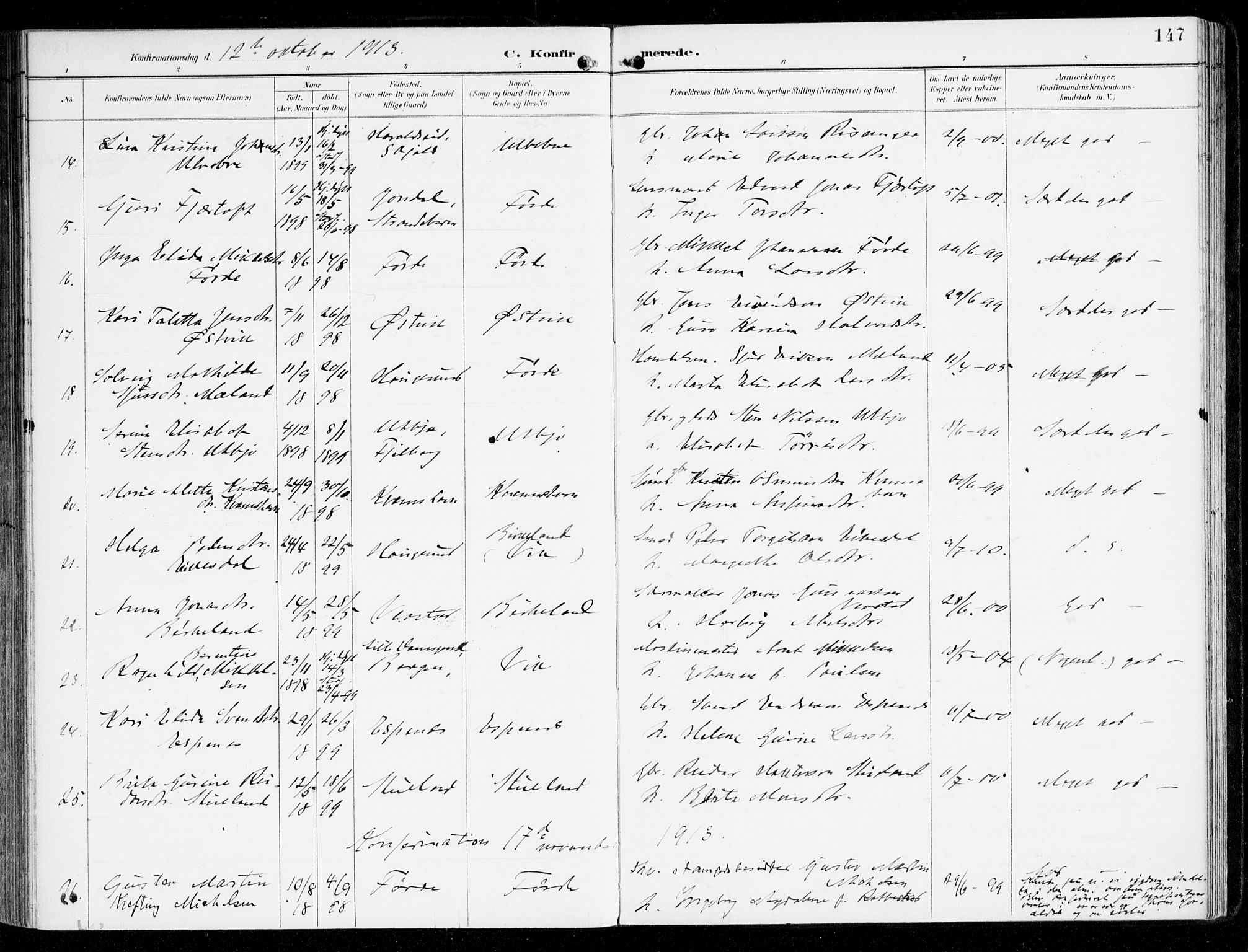 Sveio Sokneprestembete, SAB/A-78501/H/Haa: Parish register (official) no. D 2, 1894-1916, p. 147