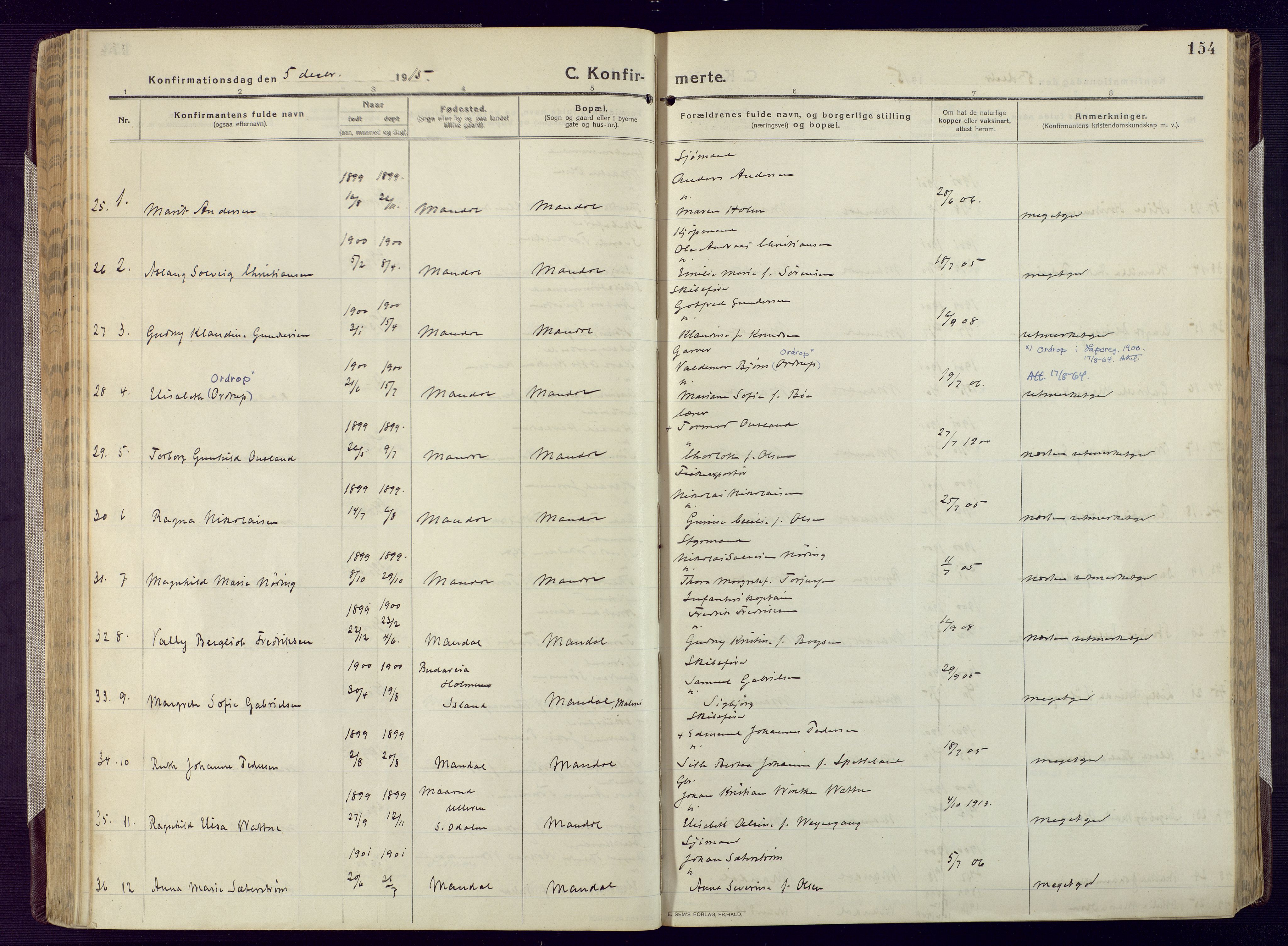 Mandal sokneprestkontor, AV/SAK-1111-0030/F/Fa/Fac/L0001: Parish register (official) no. A 1, 1913-1925, p. 154