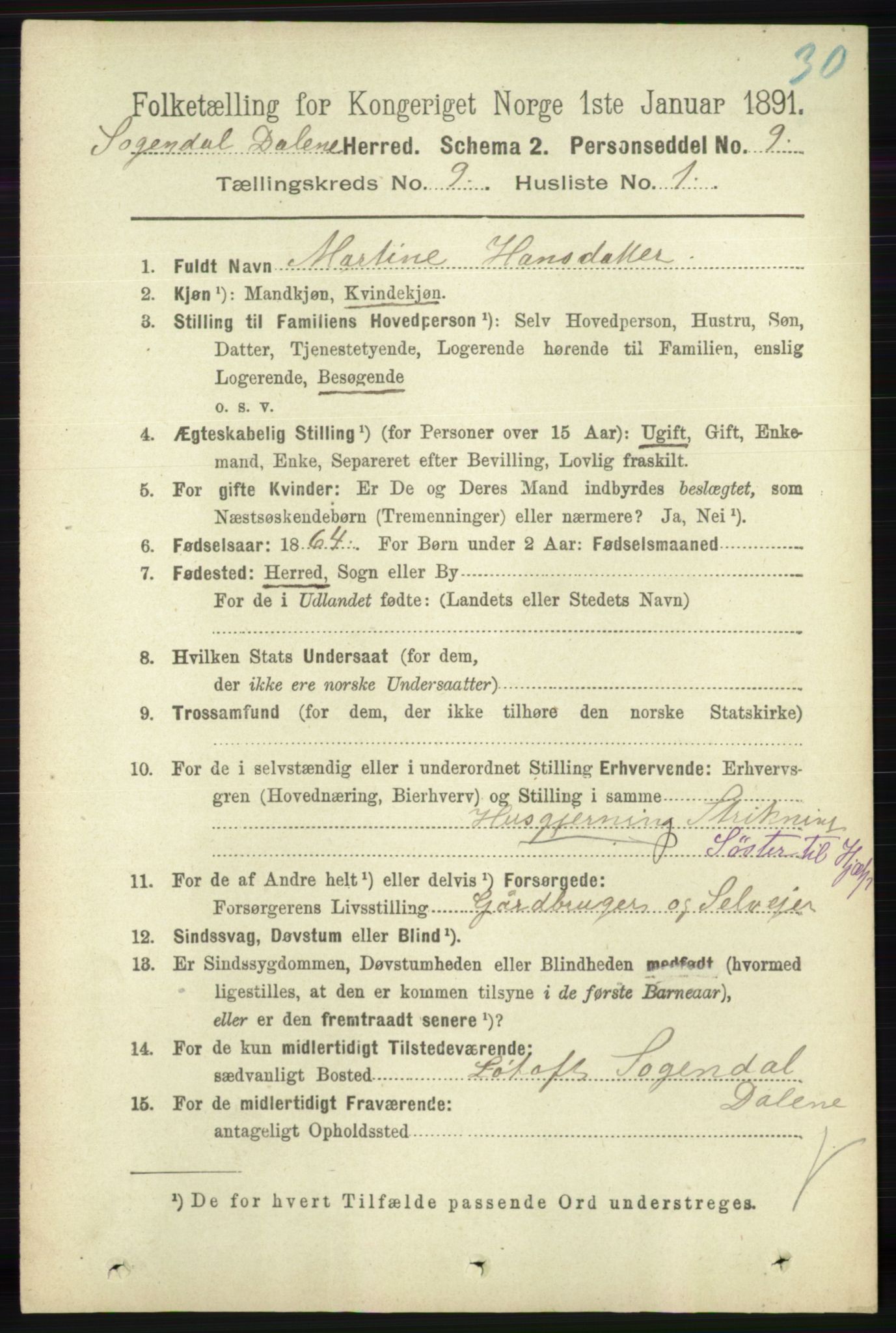 RA, 1891 census for 1111 Sokndal, 1891, p. 3162