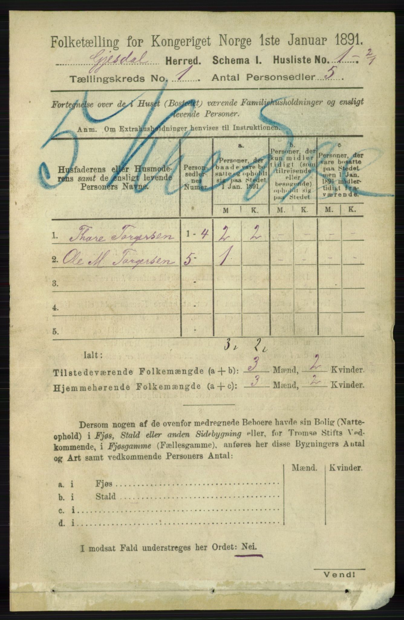 RA, 1891 census for 1122 Gjesdal, 1891, p. 19