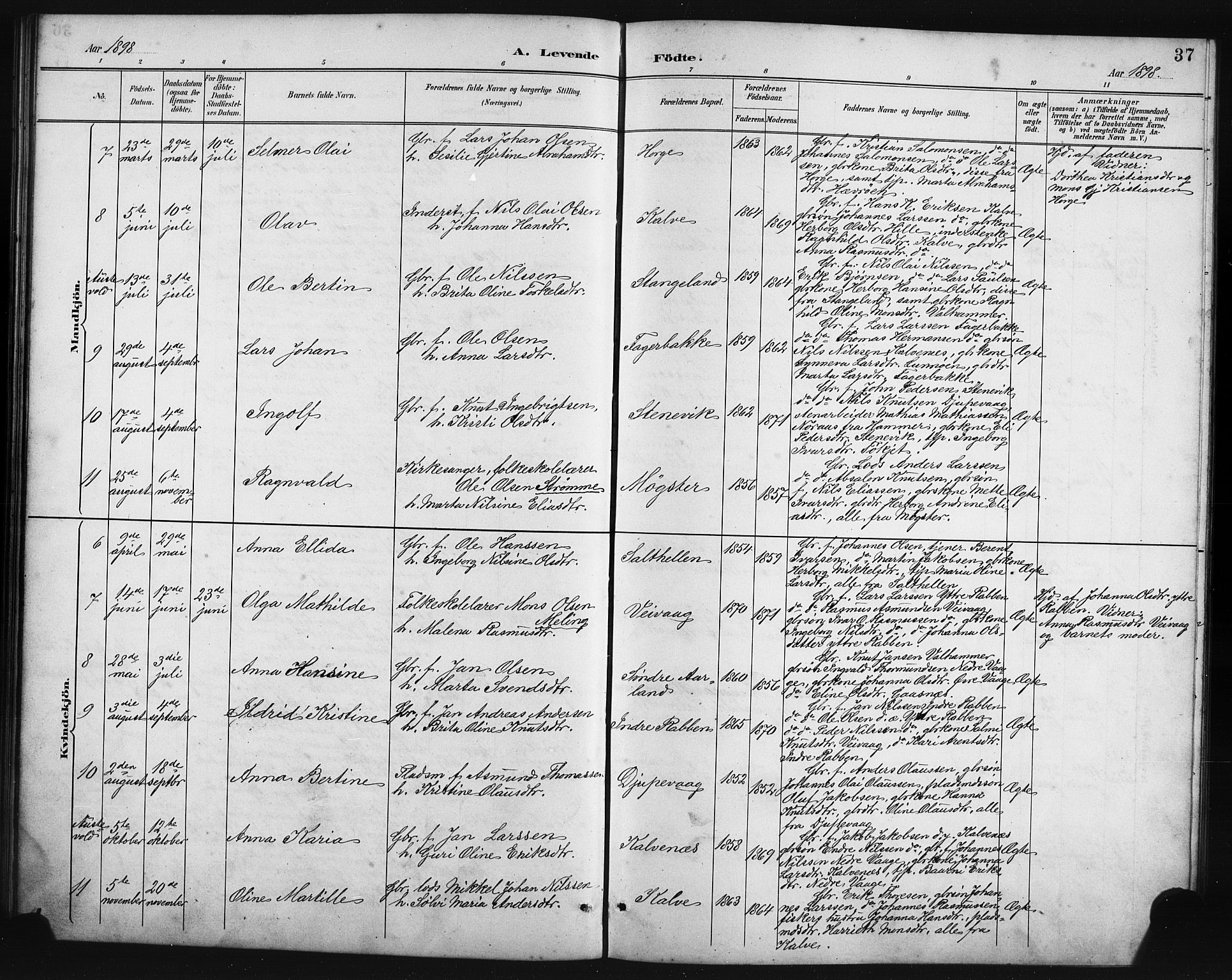 Austevoll Sokneprestembete, SAB/A-74201/H/Hab: Parish register (copy) no. B 4, 1889-1901, p. 37