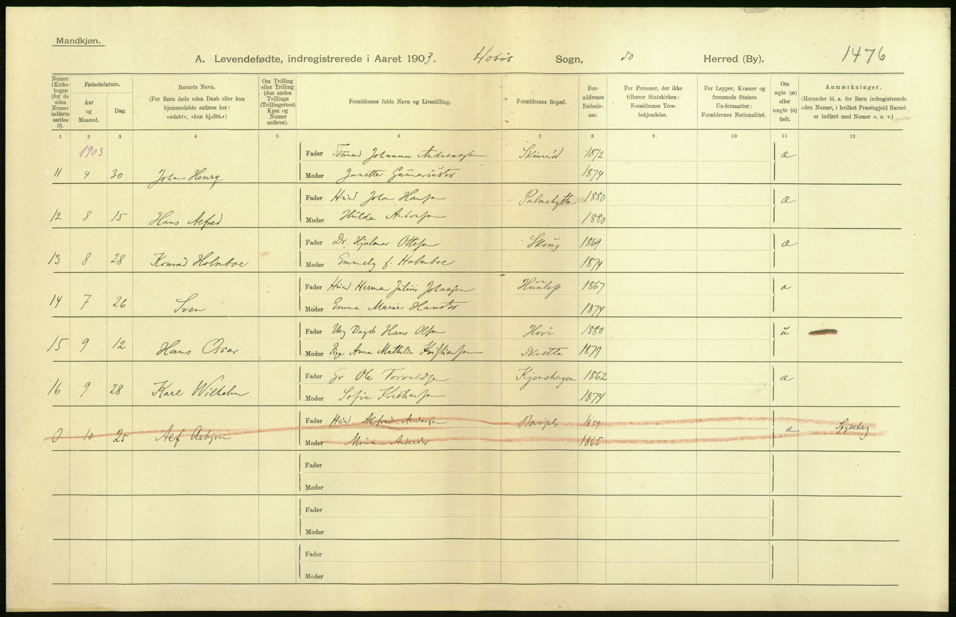 Statistisk sentralbyrå, Sosiodemografiske emner, Befolkning, AV/RA-S-2228/D/Df/Dfa/Dfaa/L0001: Smålenenes amt: Fødte, gifte, døde, 1903, p. 10