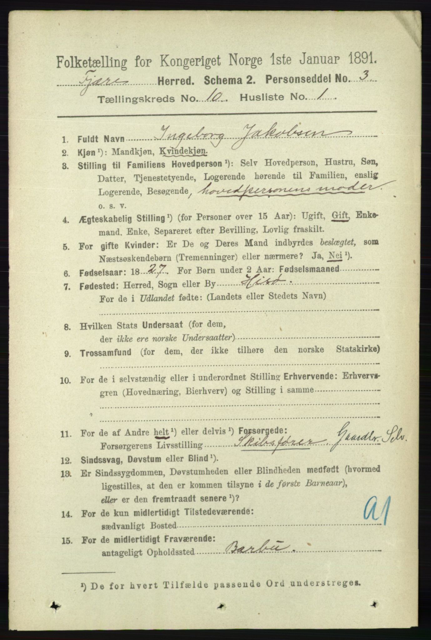 RA, 1891 census for 0923 Fjære, 1891, p. 5002