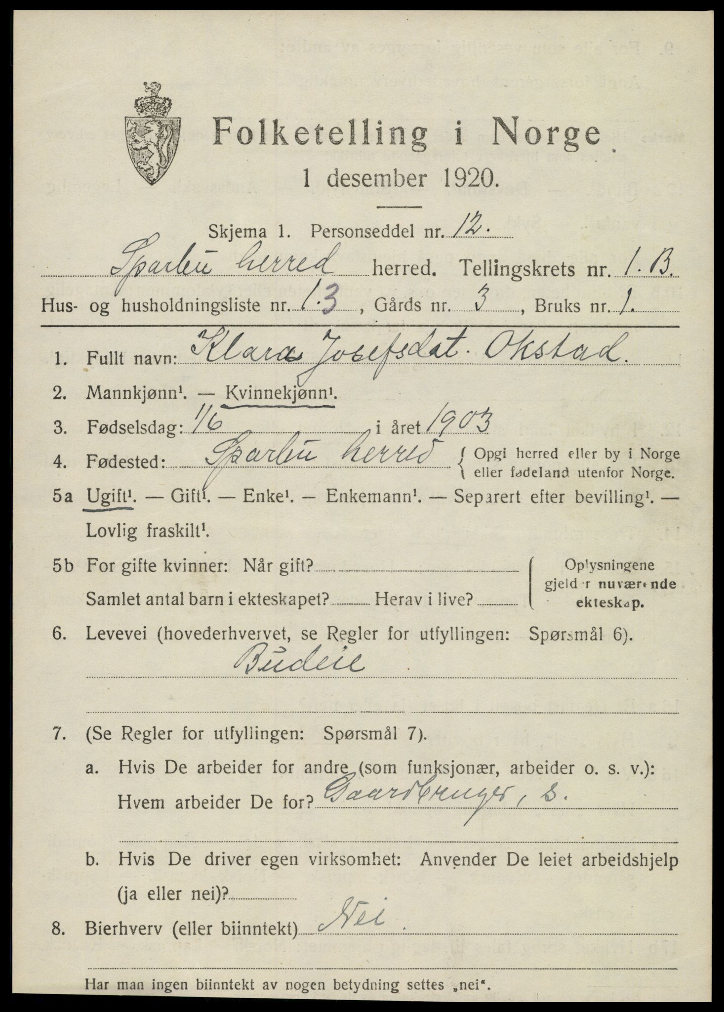 SAT, 1920 census for Sparbu, 1920, p. 2091