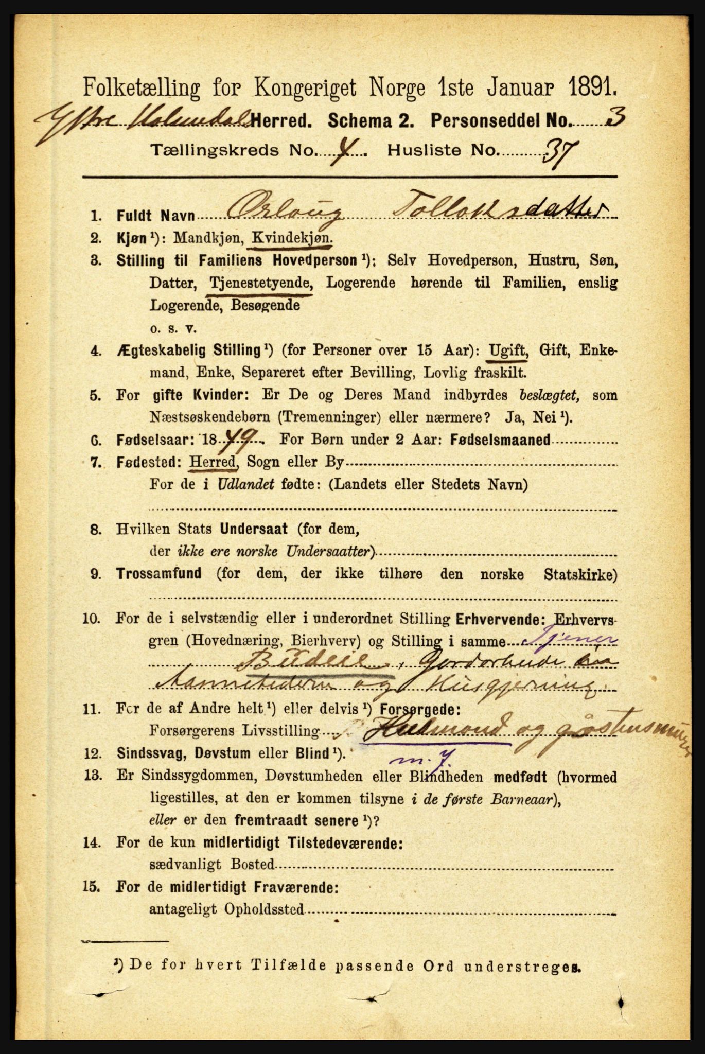 RA, 1891 census for 1429 Ytre Holmedal, 1891, p. 1089