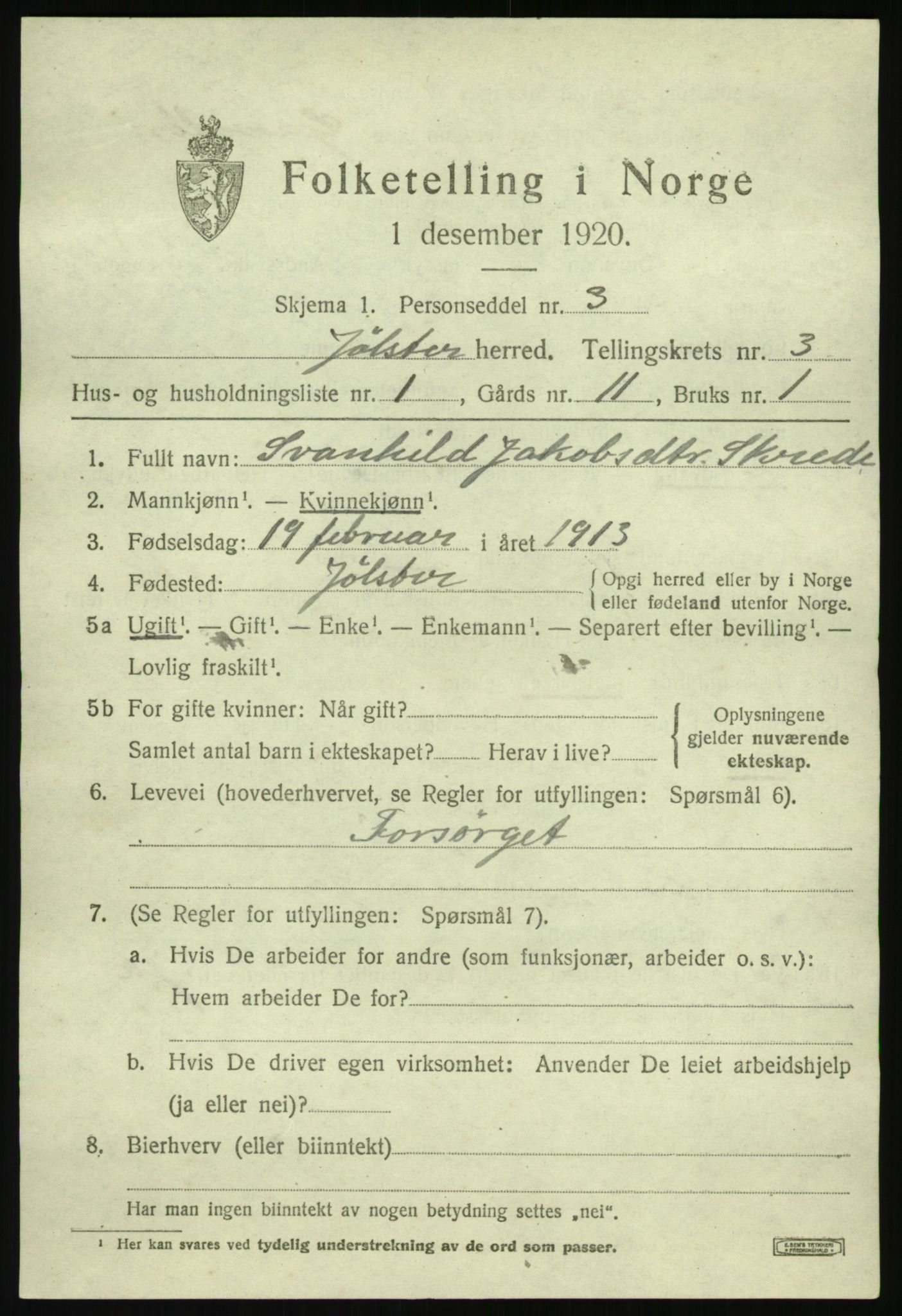 SAB, 1920 census for Jølster, 1920, p. 1962