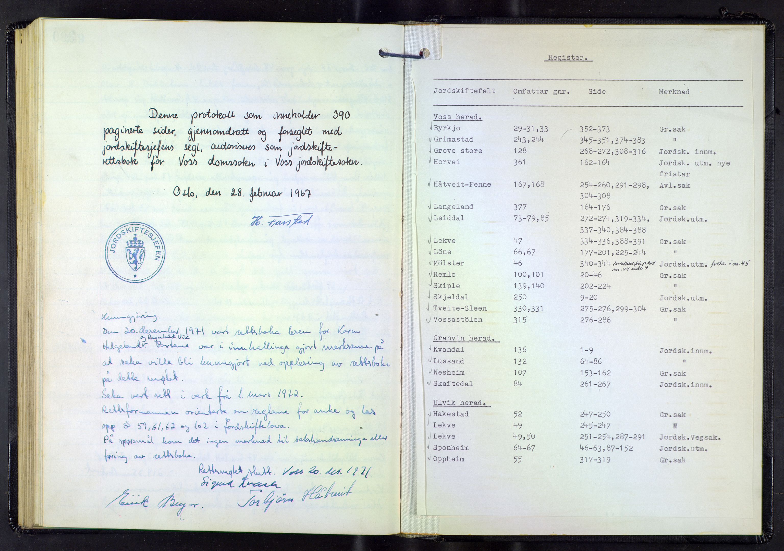 Hordaland jordskiftedøme - V Voss jordskiftedistrikt, AV/SAB-A-7201/A/Aa/L0043: Forhandlingsprotokoll, 1967-1971