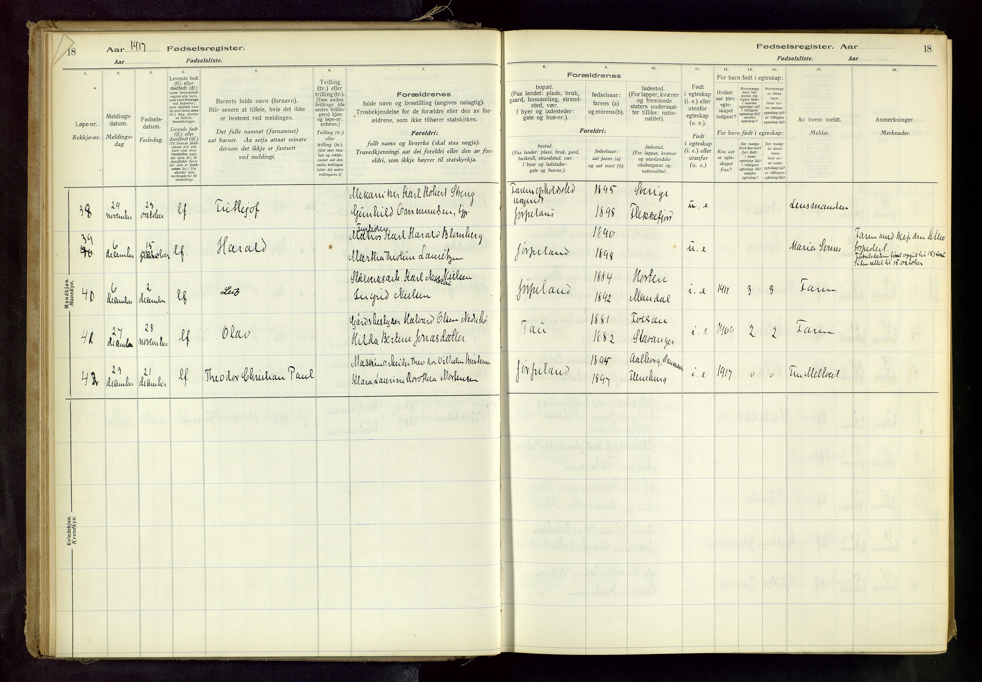 Strand sokneprestkontor, AV/SAST-A-101828/I/Id/L0001: Birth register no. 1, 1916-1938, p. 18