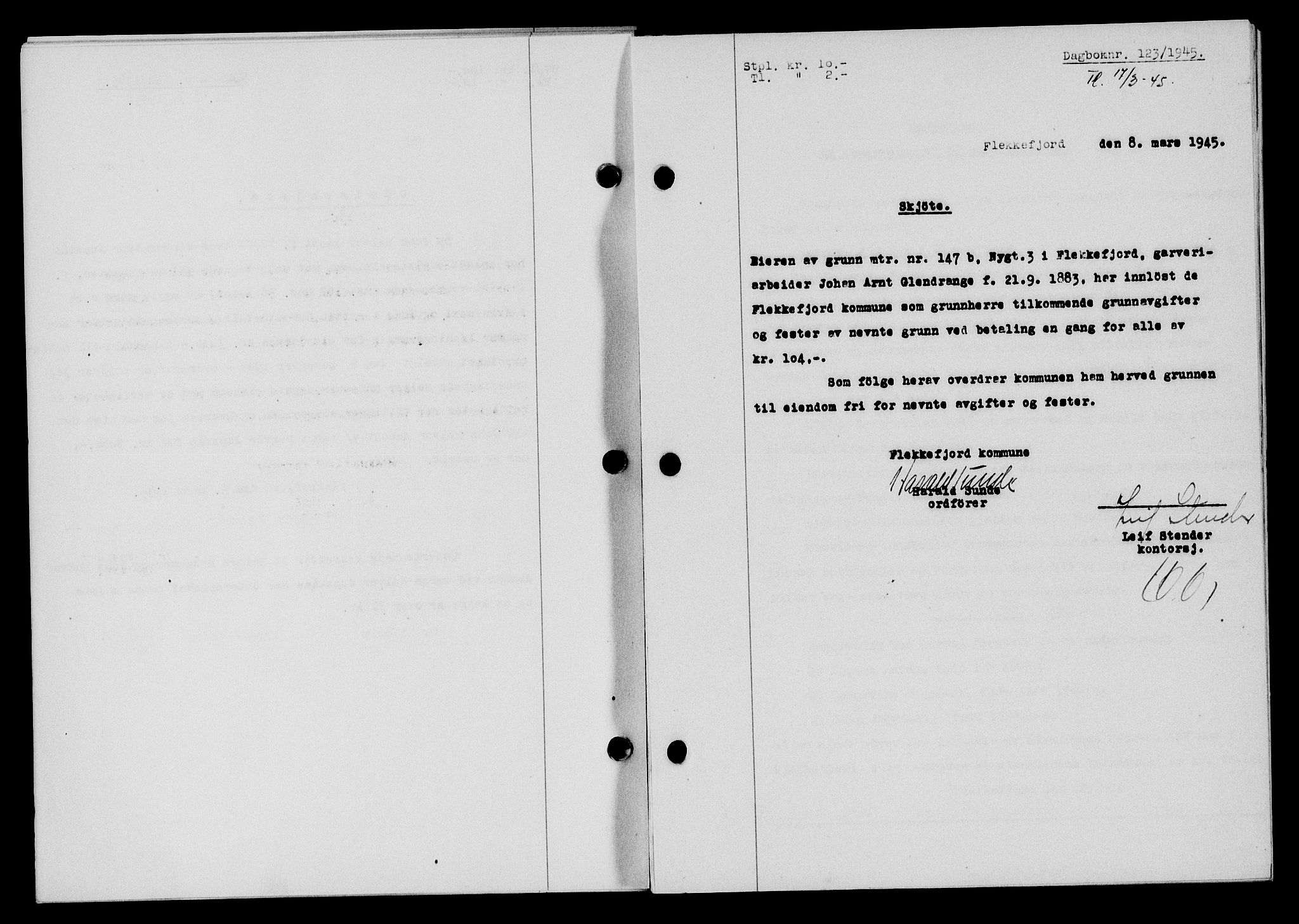 Flekkefjord sorenskriveri, SAK/1221-0001/G/Gb/Gba/L0059: Mortgage book no. A-7, 1944-1945, Diary no: : 123/1945