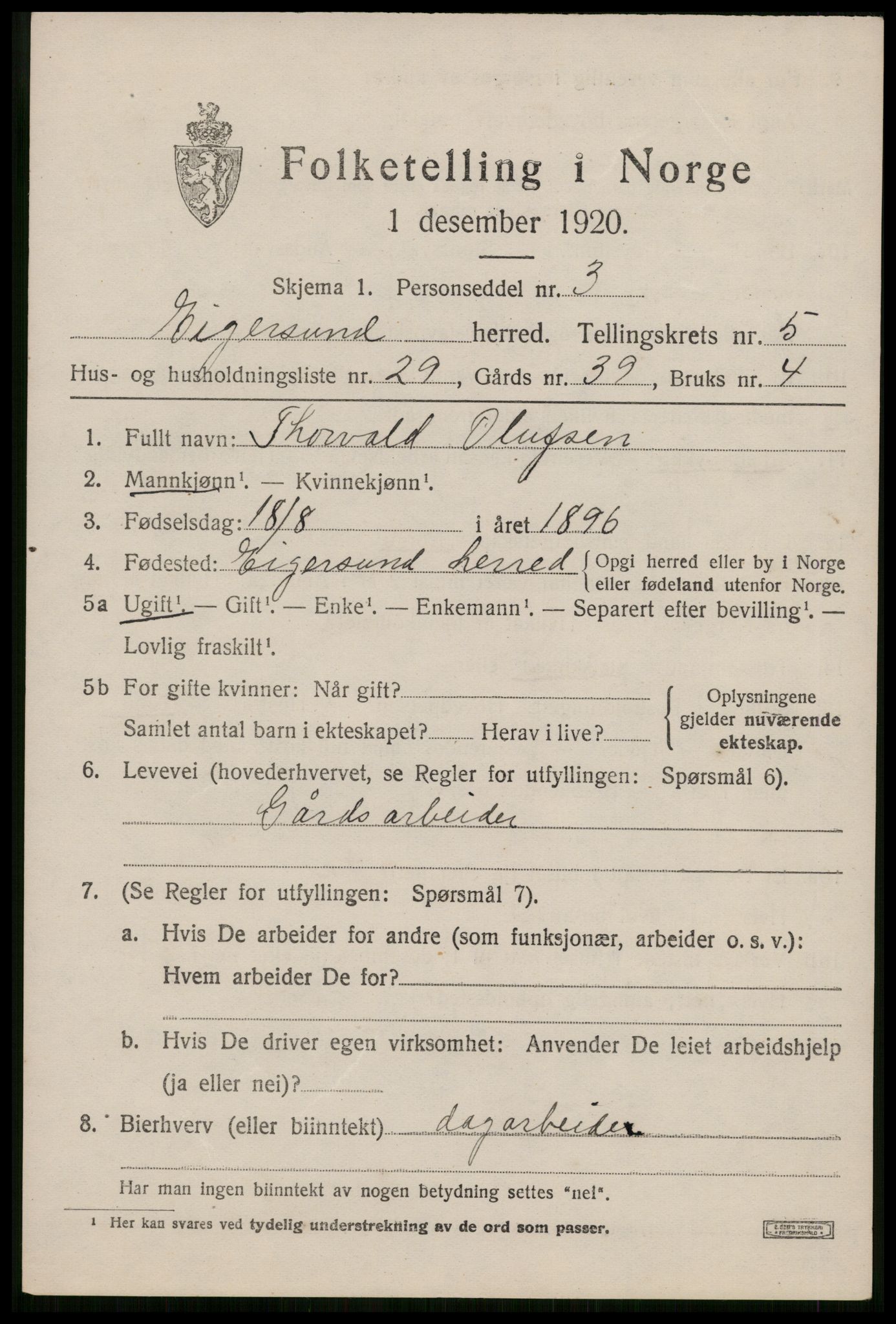 SAST, 1920 census for Eigersund, 1920, p. 3859