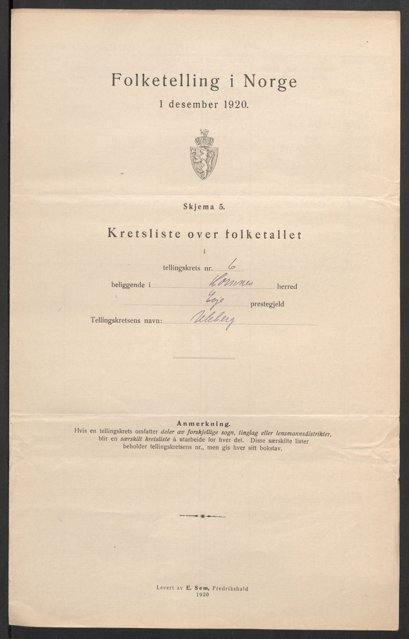 SAK, 1920 census for Hornnes, 1920, p. 26