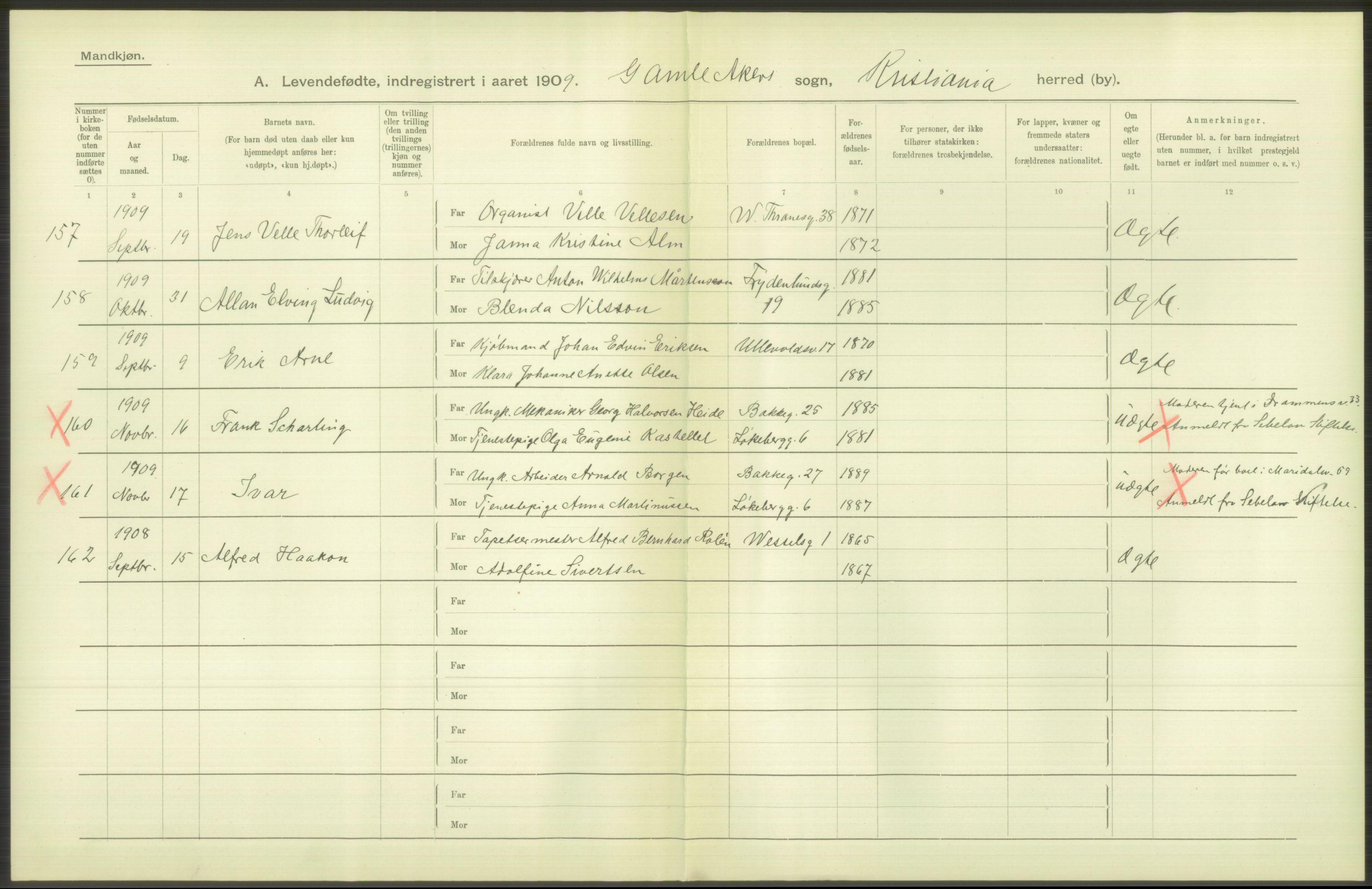 Statistisk sentralbyrå, Sosiodemografiske emner, Befolkning, RA/S-2228/D/Df/Dfa/Dfag/L0007: Kristiania: Levendefødte menn og kvinner., 1909, p. 356