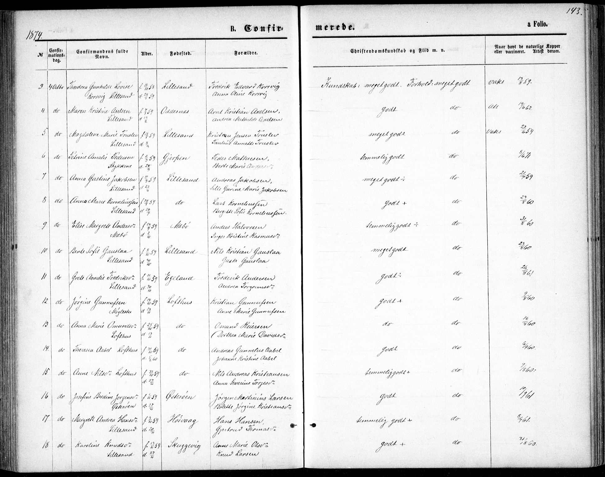 Vestre Moland sokneprestkontor, AV/SAK-1111-0046/F/Fb/Fbb/L0005: Parish register (copy) no. B 5, 1872-1883, p. 143