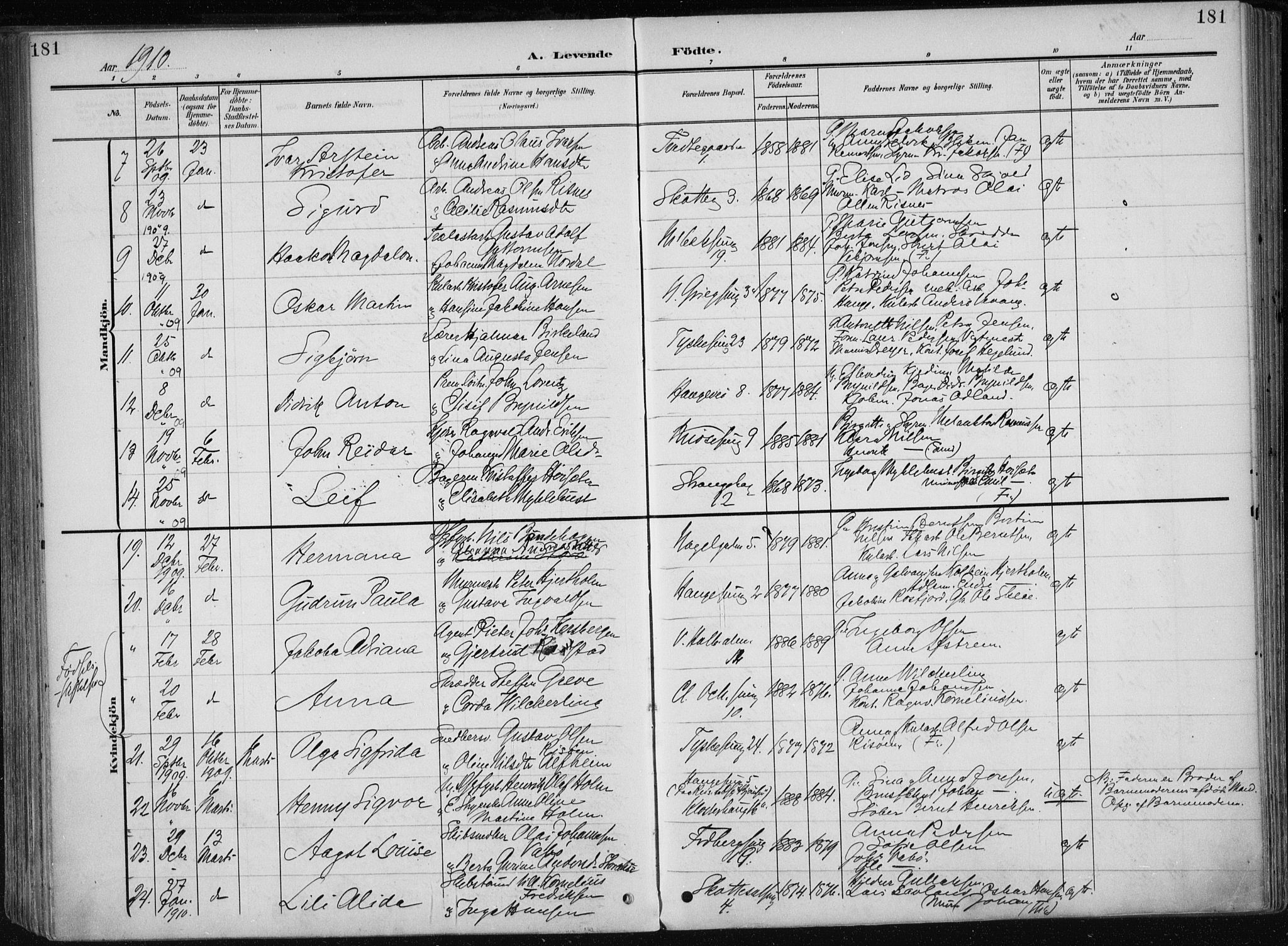 Nykirken Sokneprestembete, AV/SAB-A-77101/H/Haa/L0019: Parish register (official) no. B 7, 1904-1916, p. 181