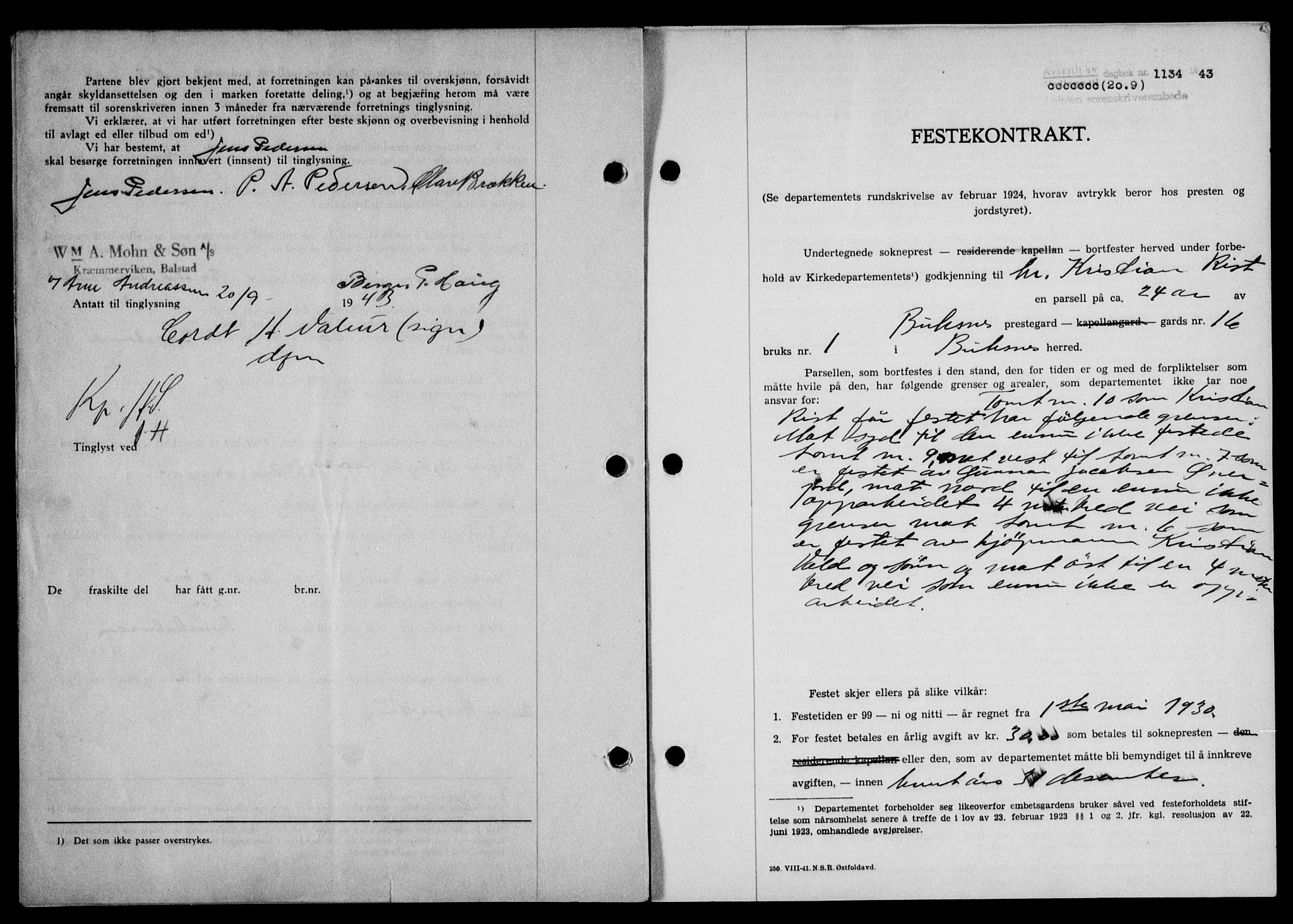 Lofoten sorenskriveri, SAT/A-0017/1/2/2C/L0011a: Mortgage book no. 11a, 1943-1943, Diary no: : 1134/1943