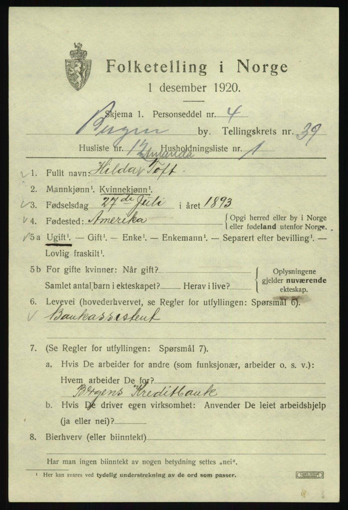 SAB, 1920 census for Bergen, 1920, p. 106905