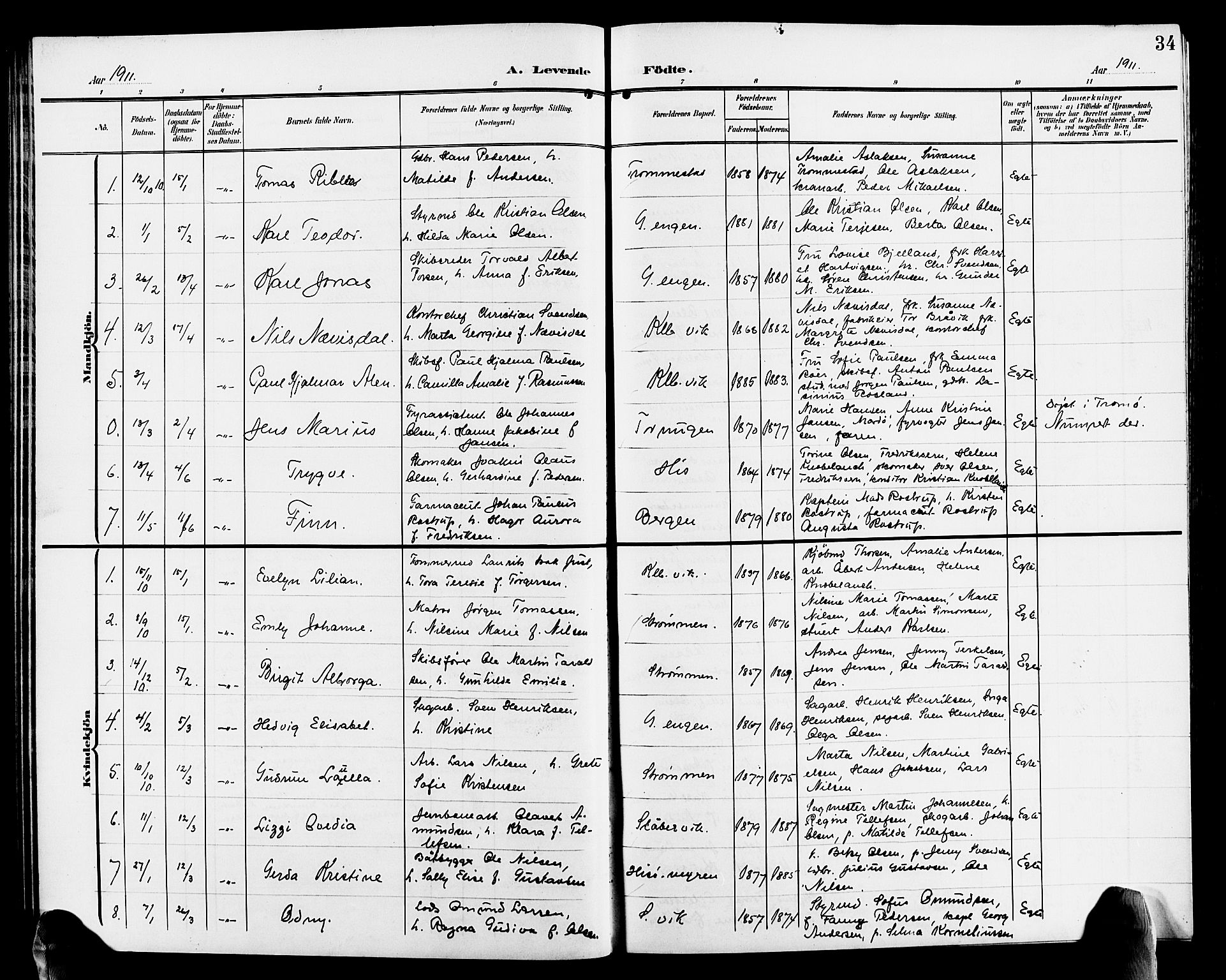 Hisøy sokneprestkontor, AV/SAK-1111-0020/F/Fb/L0004: Parish register (copy) no. B 4, 1905-1923, p. 34