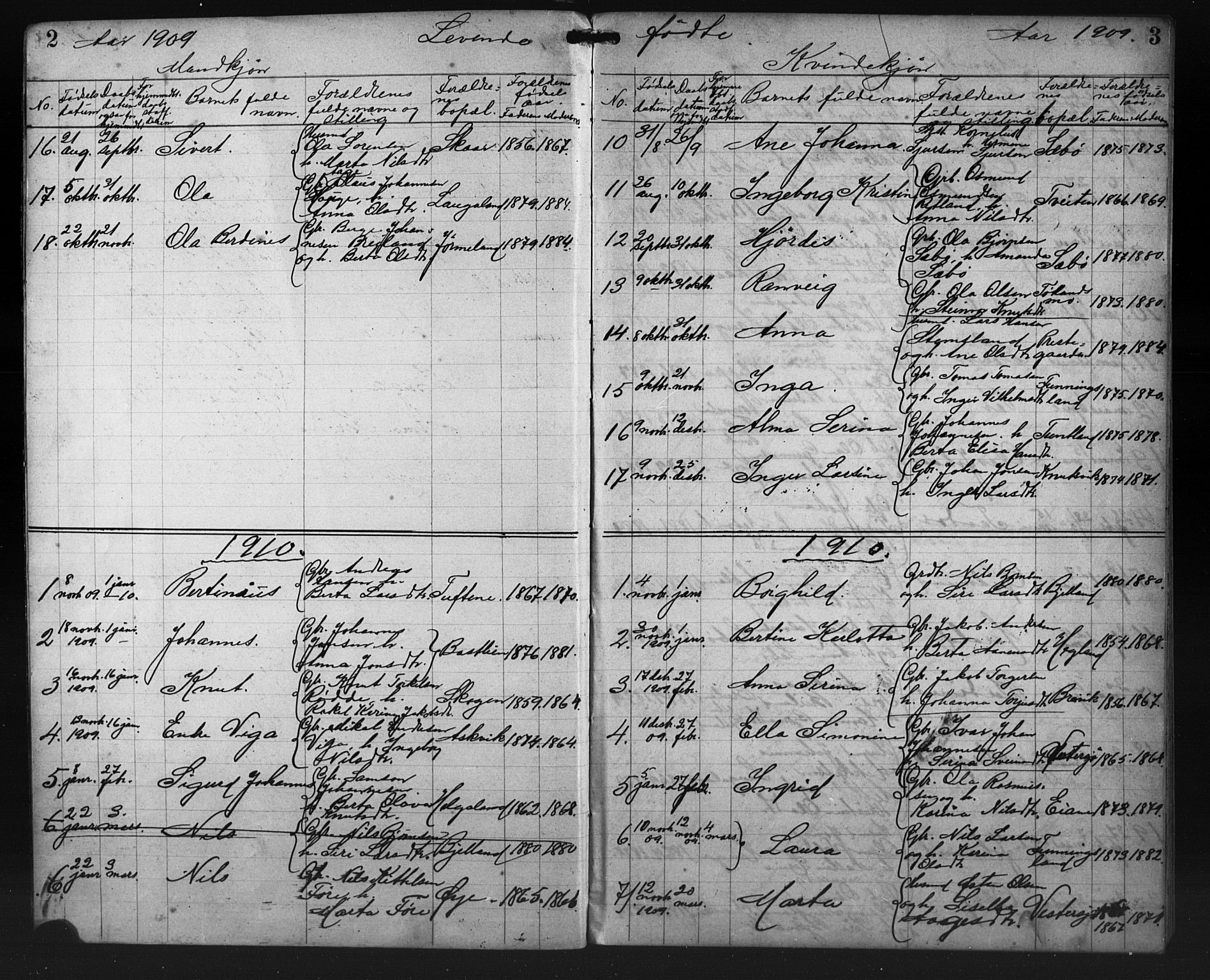 Hjelmeland sokneprestkontor, SAST/A-101843/01/V/L0009: Parish register (copy) no. B 9, 1909-1921, p. 2-3