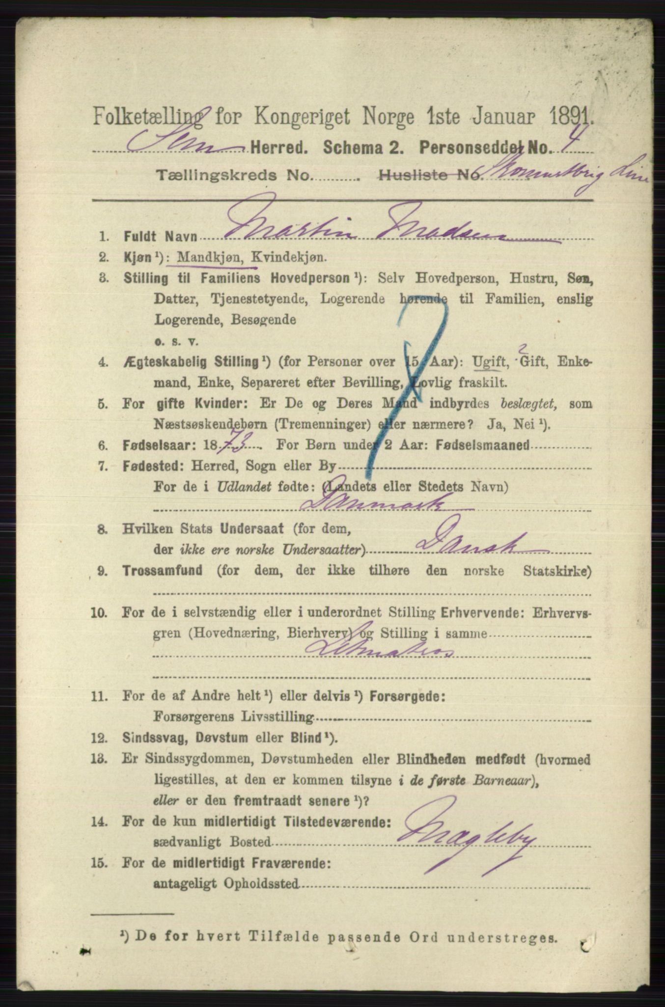 RA, 1891 census for 0721 Sem, 1891, p. 7404