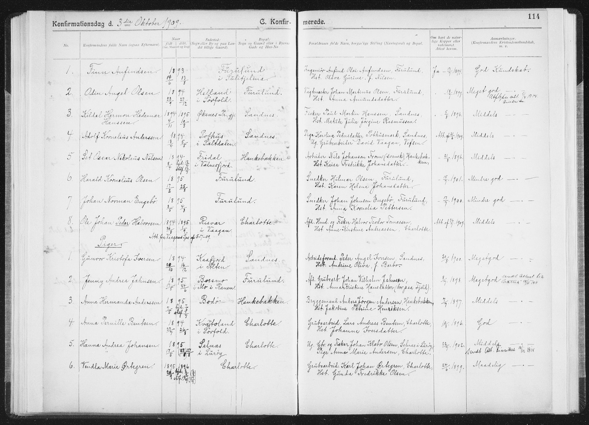 Ministerialprotokoller, klokkerbøker og fødselsregistre - Nordland, AV/SAT-A-1459/850/L0711: Curate's parish register no. 850B01, 1902-1915, p. 114