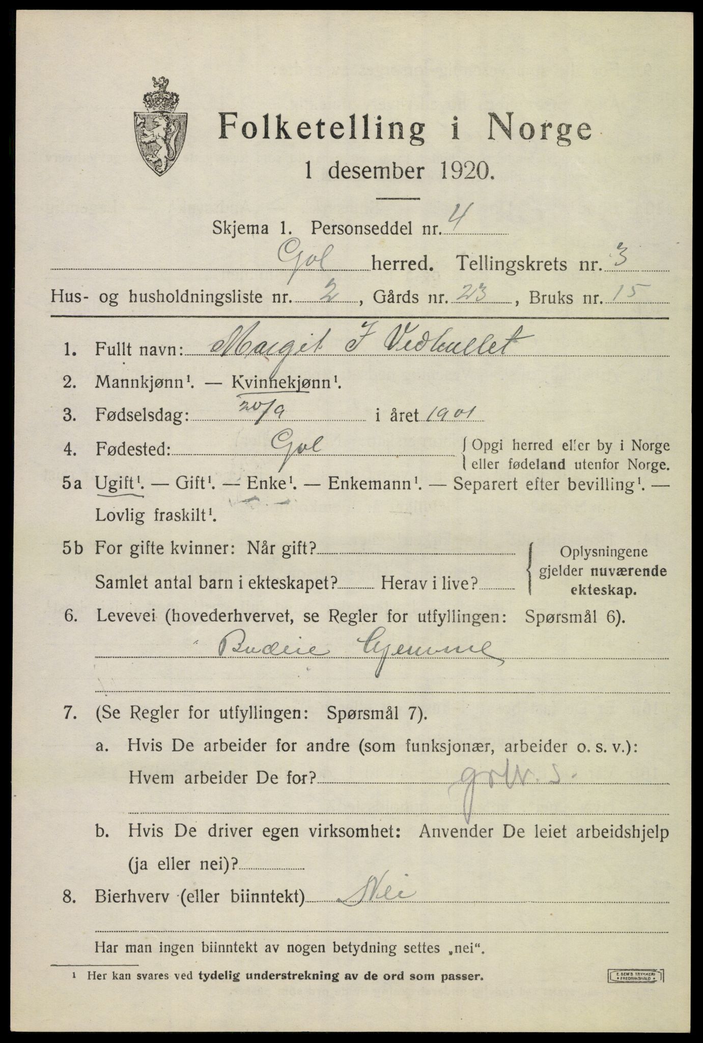 SAKO, 1920 census for Gol, 1920, p. 2196