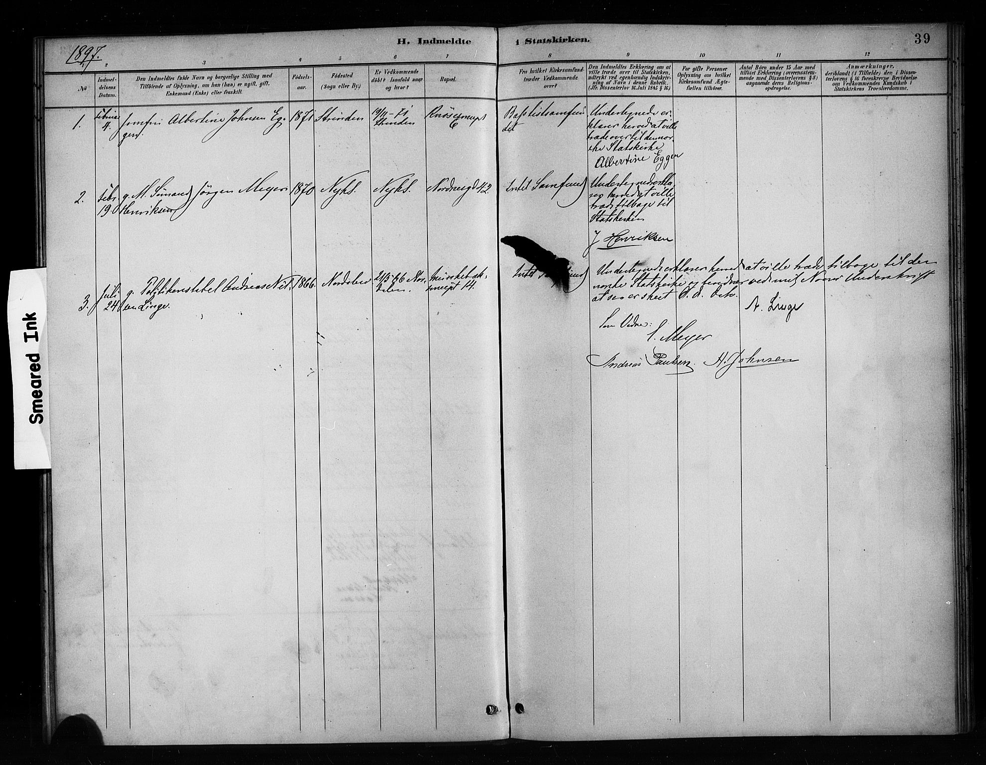 Nykirken Sokneprestembete, SAB/A-77101/H/Haa/L0053: Parish register (official) no. H 2, 1887-1897, p. 39