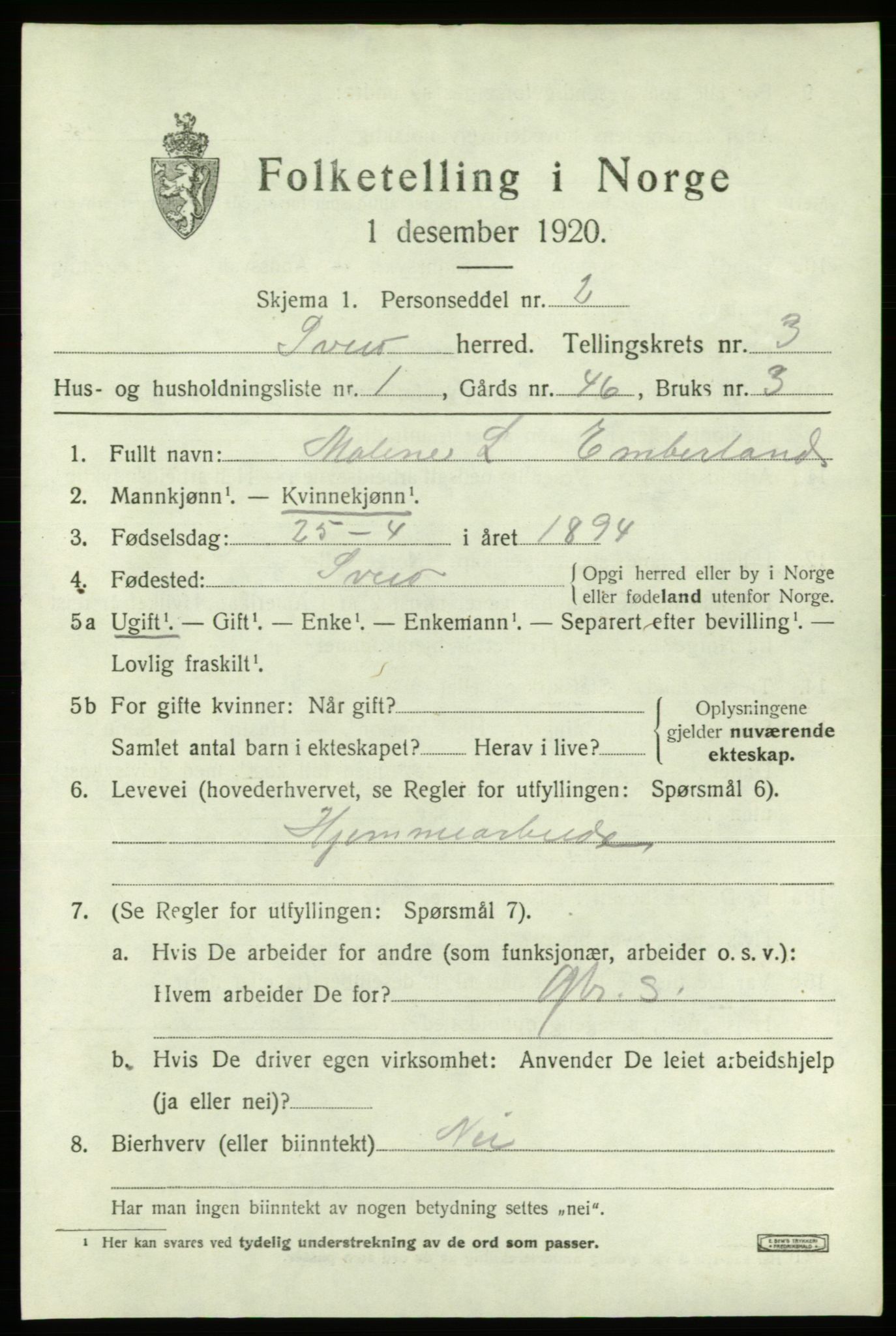 SAB, 1920 census for Sveio, 1920, p. 1510