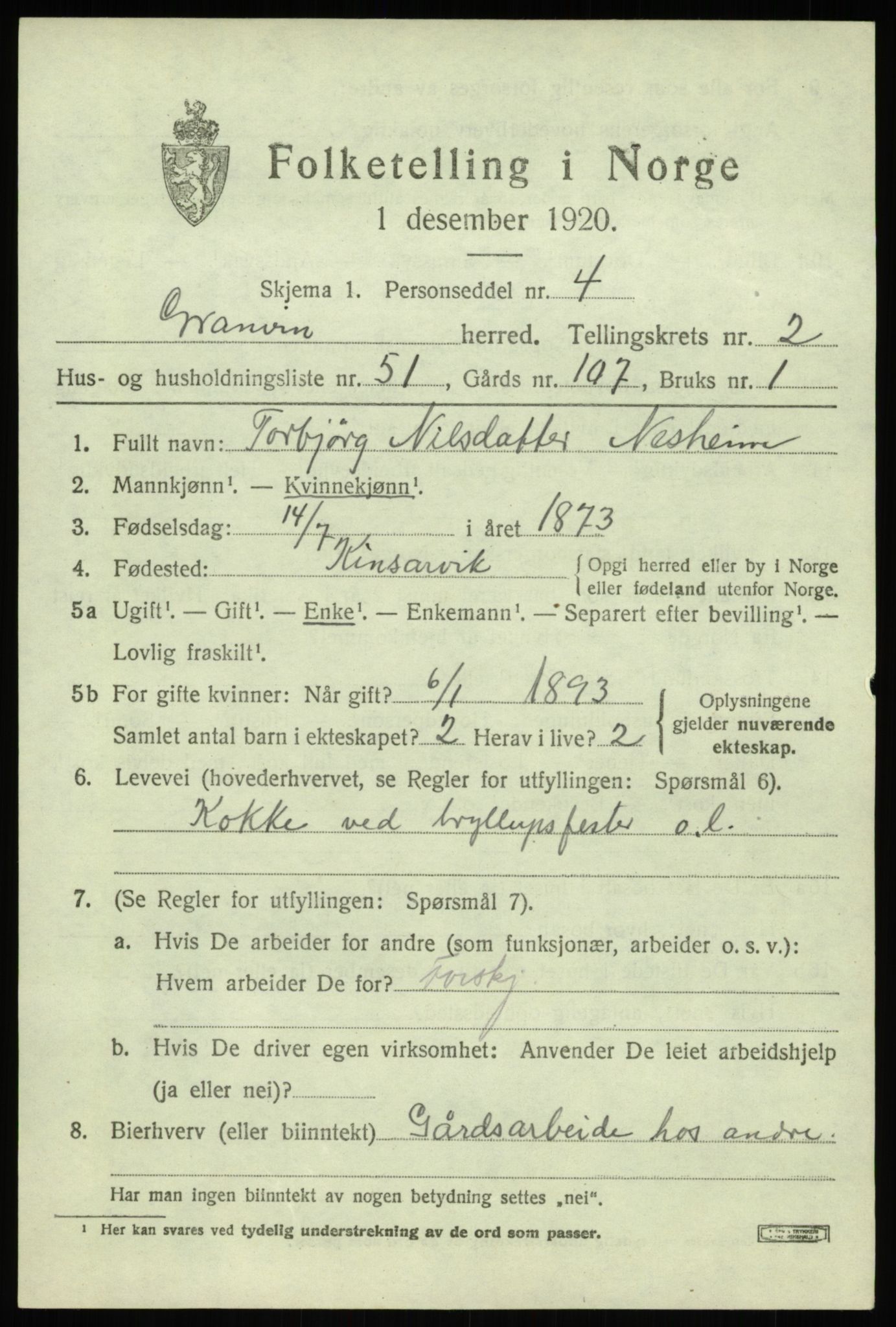 SAB, 1920 census for Granvin, 1920, p. 1152