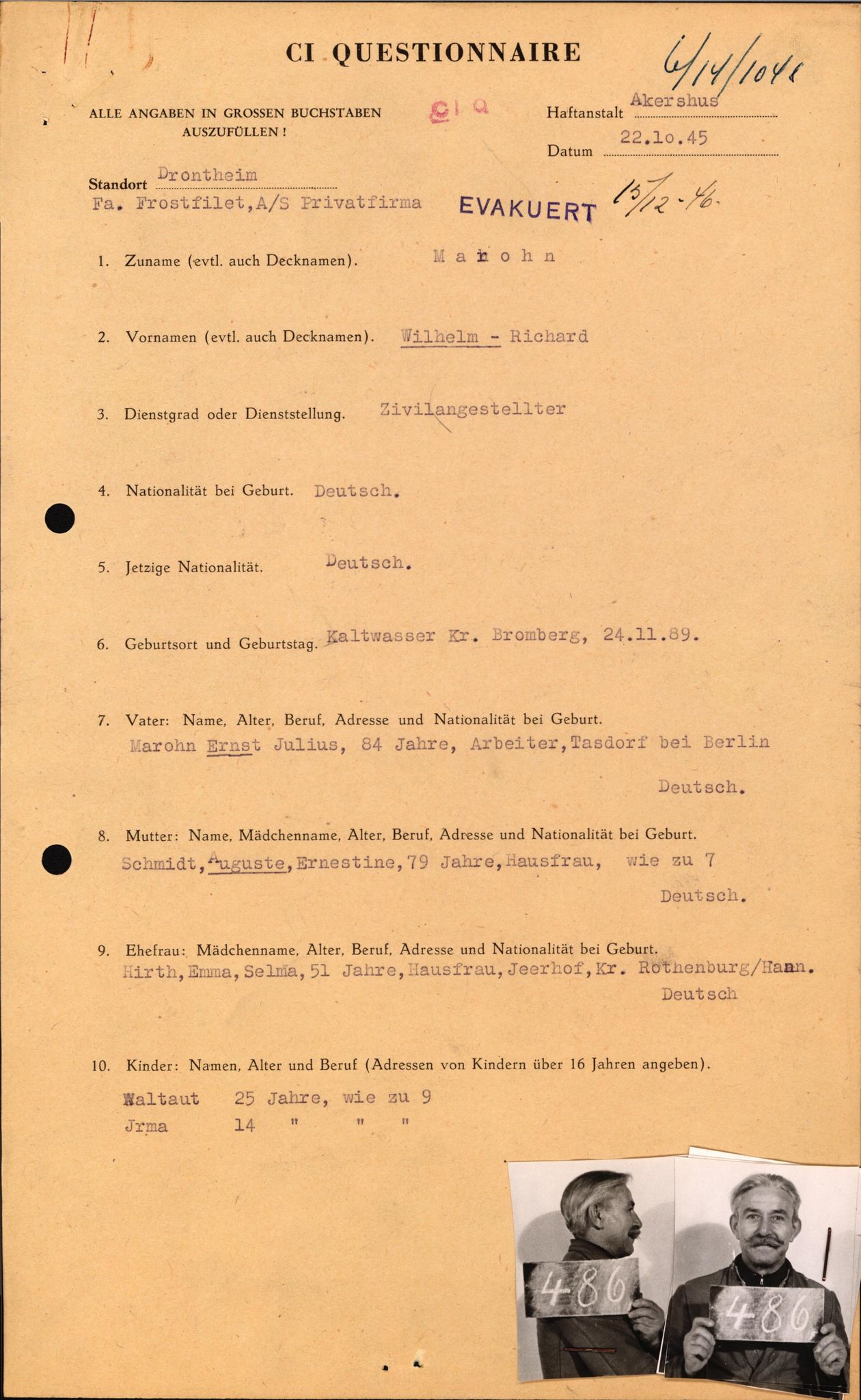 Forsvaret, Forsvarets overkommando II, RA/RAFA-3915/D/Db/L0021: CI Questionaires. Tyske okkupasjonsstyrker i Norge. Tyskere., 1945-1946, p. 159
