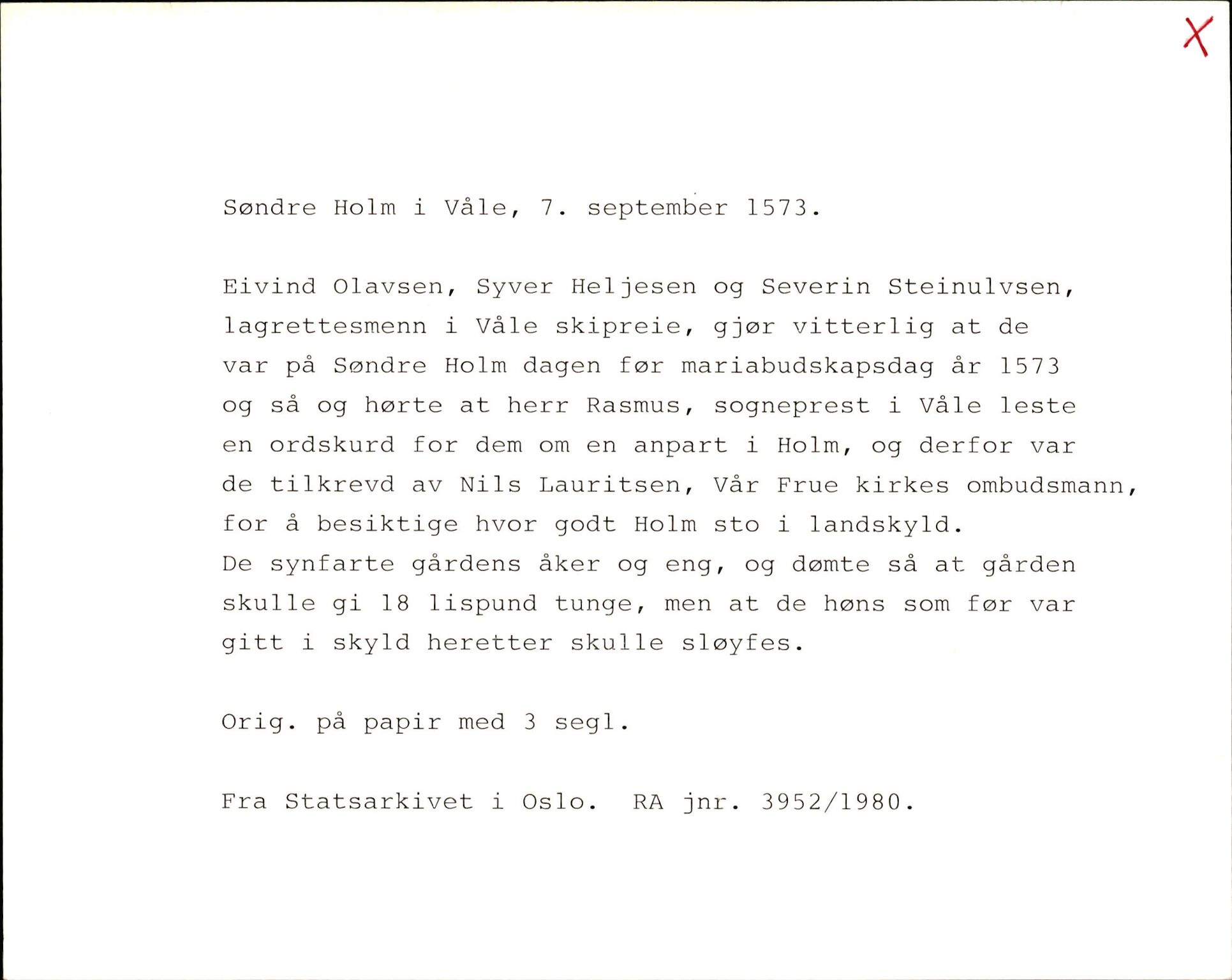 Riksarkivets diplomsamling, AV/RA-EA-5965/F35/F35k/L0002: Regestsedler: Prestearkiver fra Hedmark, Oppland, Buskerud og Vestfold, p. 711