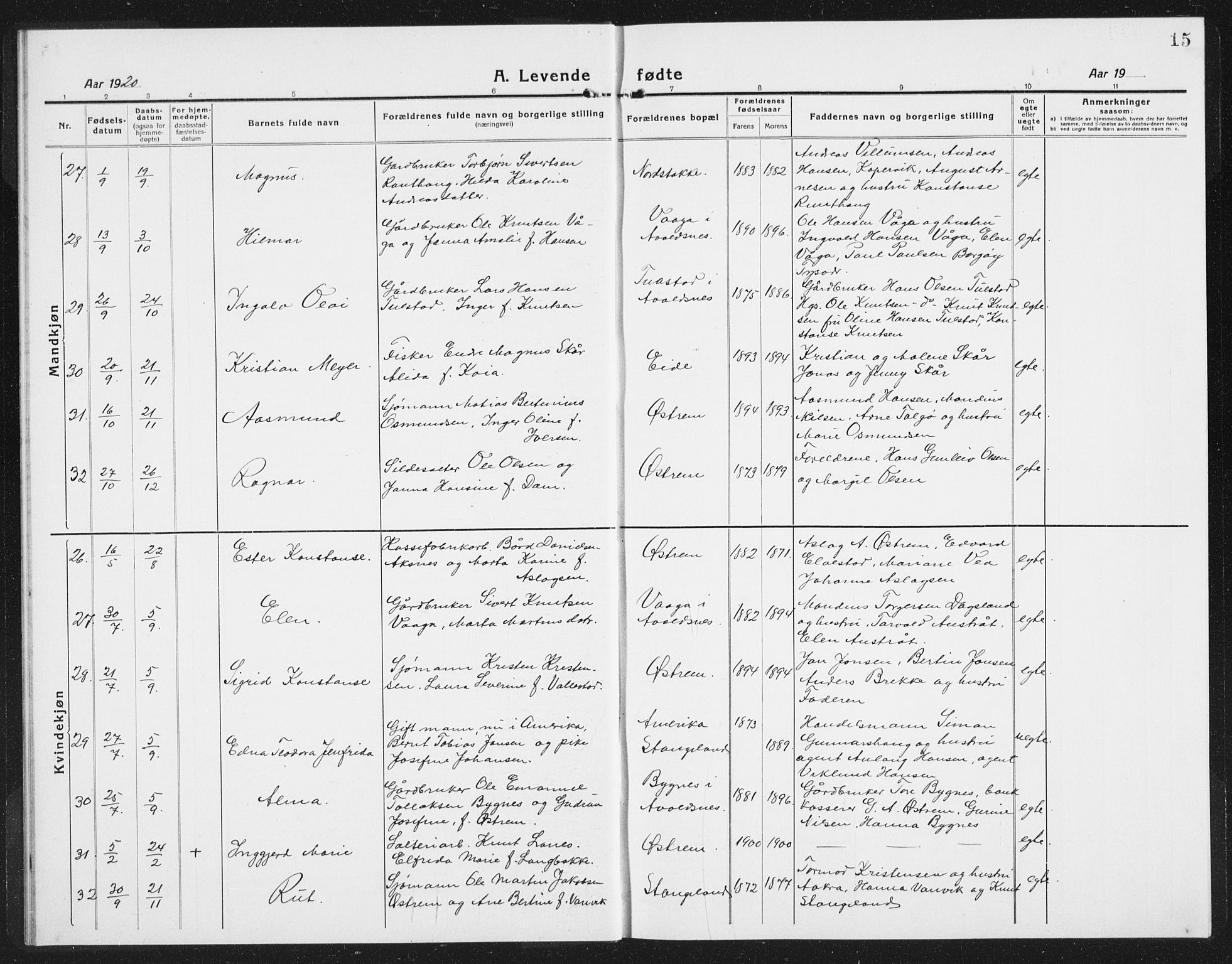 Kopervik sokneprestkontor, AV/SAST-A-101850/H/Ha/Hab/L0007: Parish register (copy) no. B 7, 1918-1942, p. 15