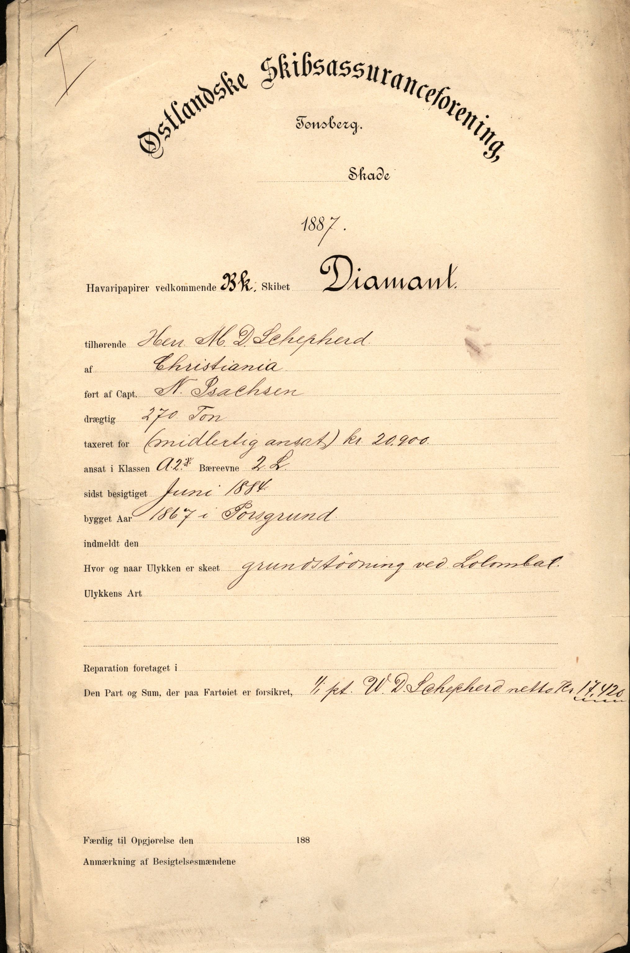 Pa 63 - Østlandske skibsassuranceforening, VEMU/A-1079/G/Ga/L0020/0003: Havaridokumenter / Anton, Diamant, Templar, Finn, Eliezer, Arctic, 1887, p. 100