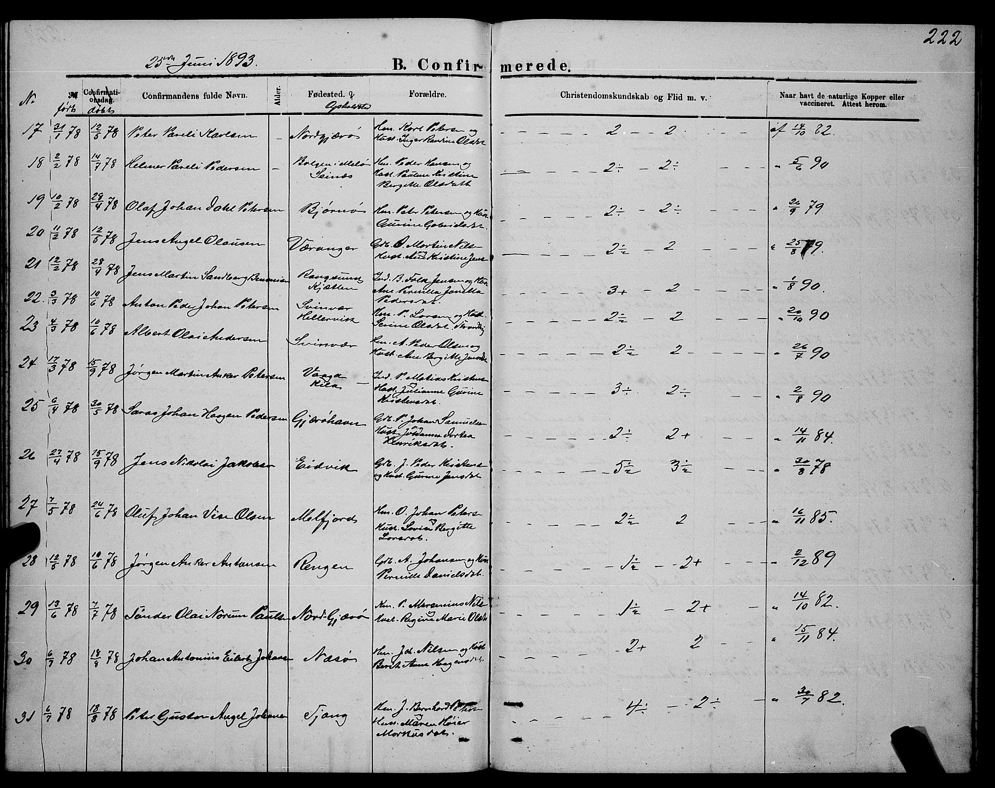 Ministerialprotokoller, klokkerbøker og fødselsregistre - Nordland, SAT/A-1459/841/L0620: Parish register (copy) no. 841C04, 1877-1896, p. 222