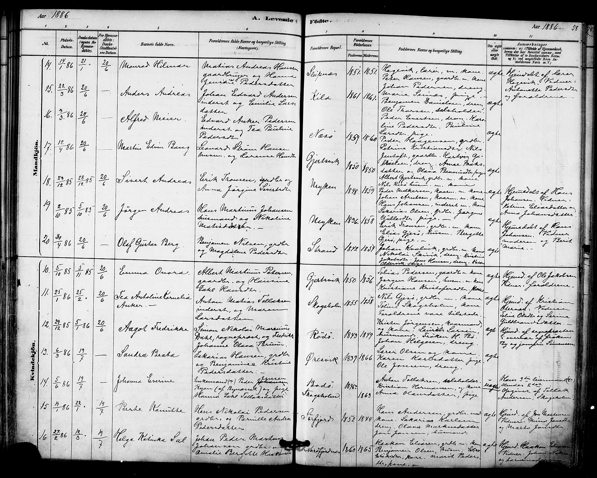 Ministerialprotokoller, klokkerbøker og fødselsregistre - Nordland, AV/SAT-A-1459/841/L0609: Parish register (official) no. 841A12, 1878-1901, p. 58