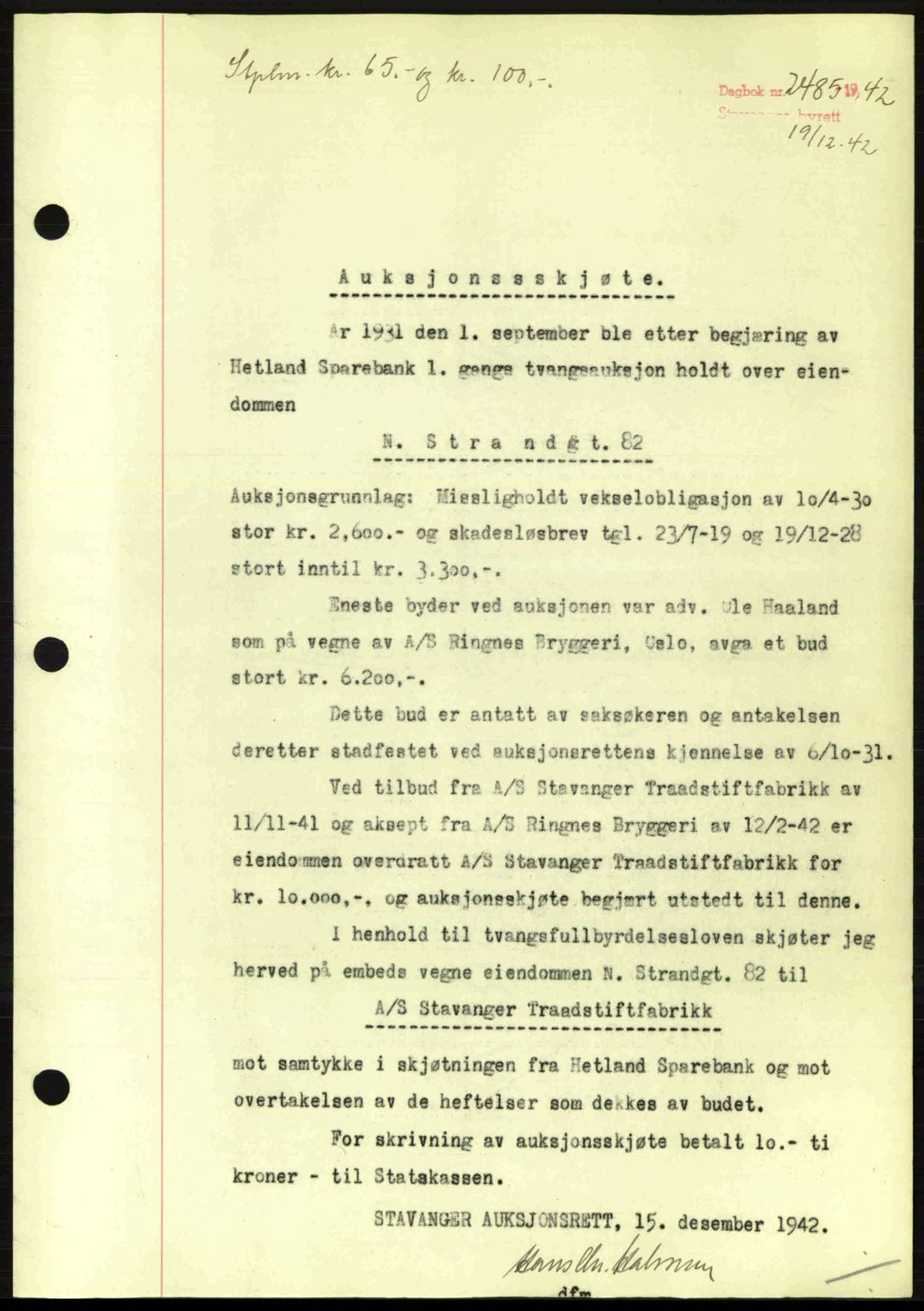 Stavanger byrett, SAST/A-100455/002/G/Gb/L0017: Mortgage book no. A7, 1941-1943, Diary no: : 2485/1942