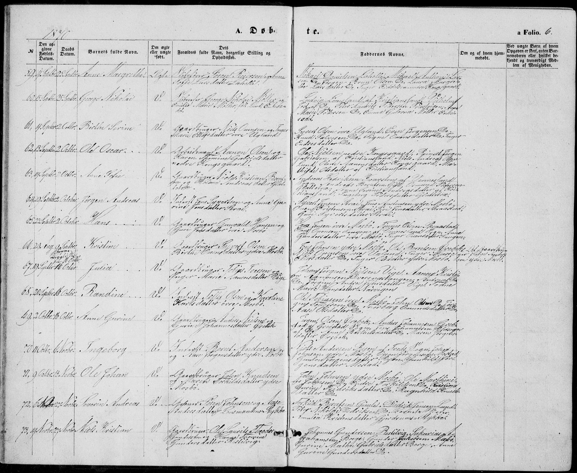 Oddernes sokneprestkontor, AV/SAK-1111-0033/F/Fb/Fba/L0007: Parish register (copy) no. B 7, 1869-1887, p. 6