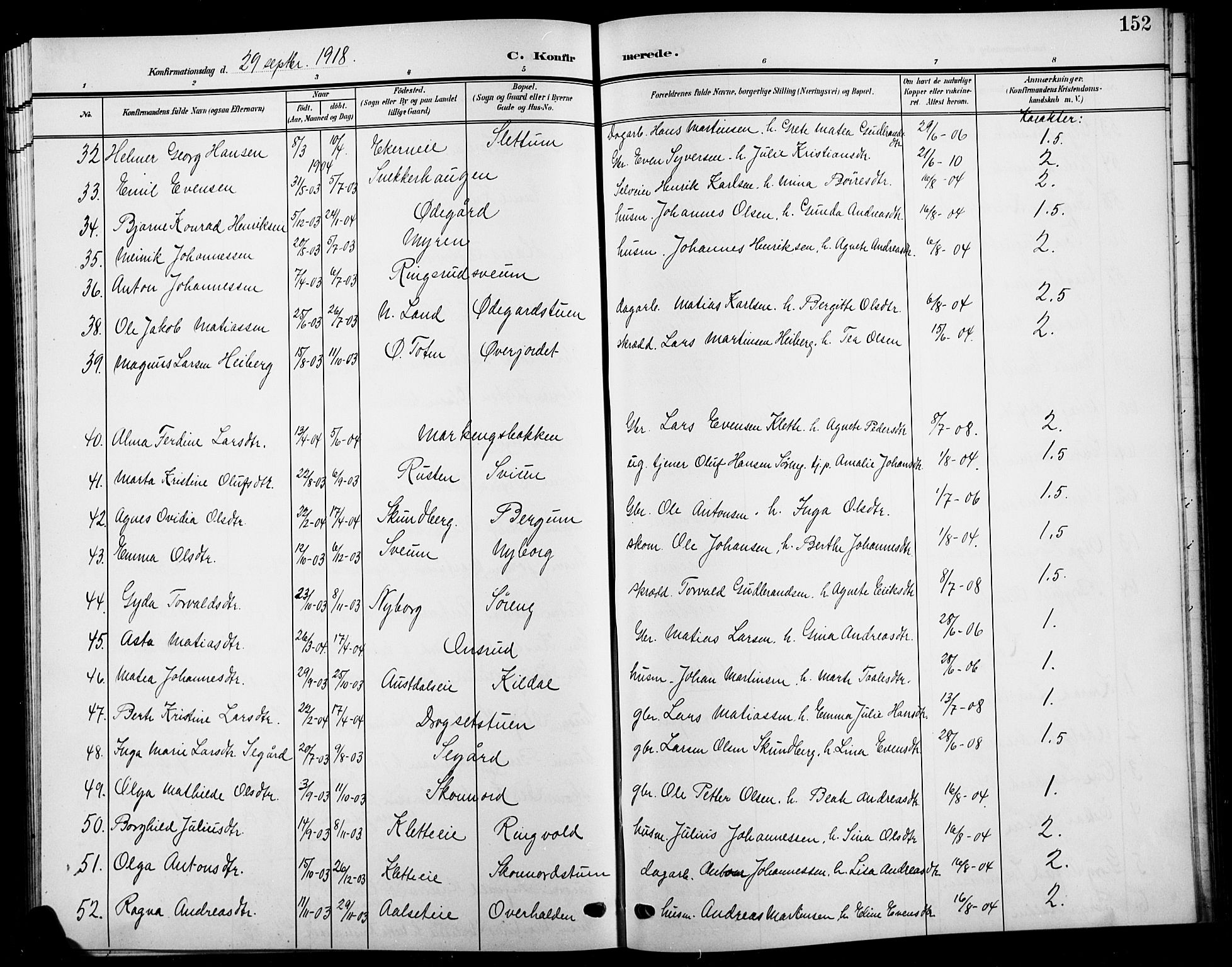 Biri prestekontor, SAH/PREST-096/H/Ha/Hab/L0005: Parish register (copy) no. 5, 1906-1919, p. 152