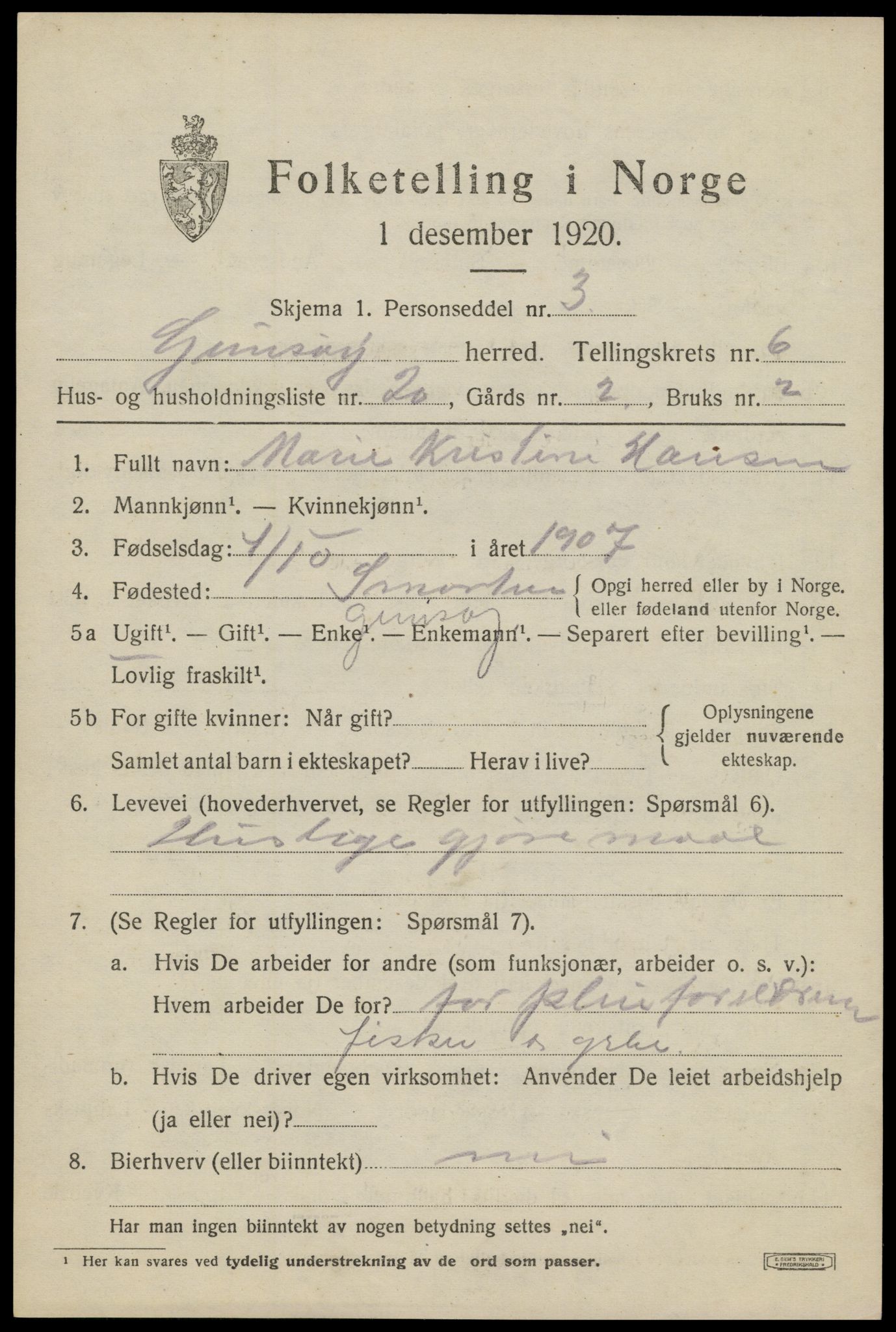 SAT, 1920 census for Gimsøy, 1920, p. 3077