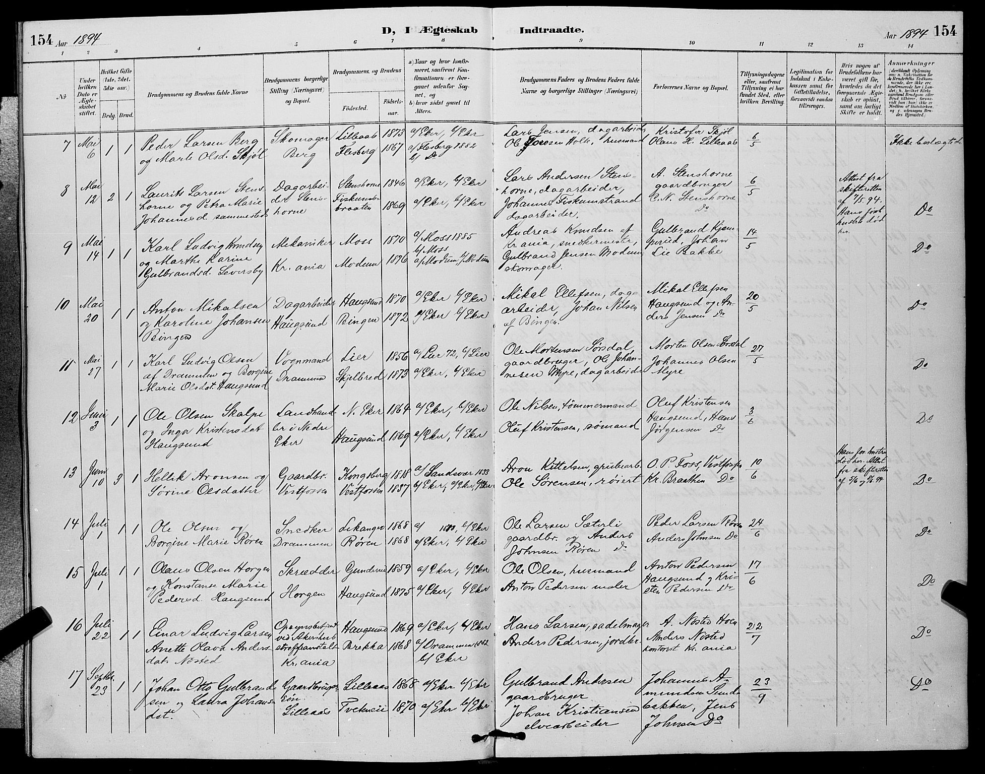 Eiker kirkebøker, AV/SAKO-A-4/G/Ga/L0007: Parish register (copy) no. I 7, 1893-1902, p. 154