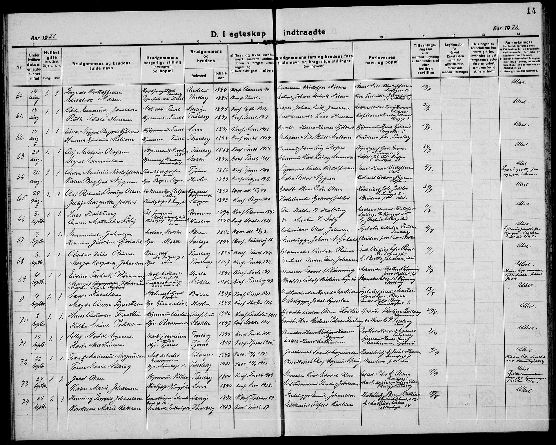 Tønsberg kirkebøker, AV/SAKO-A-330/G/Ga/L0016: Parish register (copy) no. 16, 1920-1933, p. 14