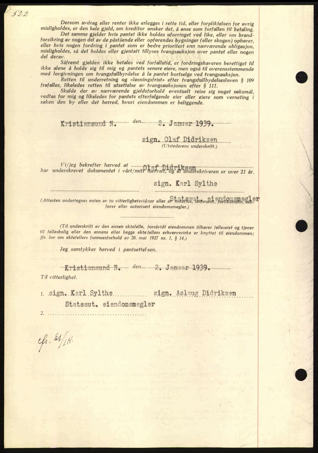 Nordmøre sorenskriveri, AV/SAT-A-4132/1/2/2Ca: Mortgage book no. B84, 1938-1939, Diary no: : 52/1939