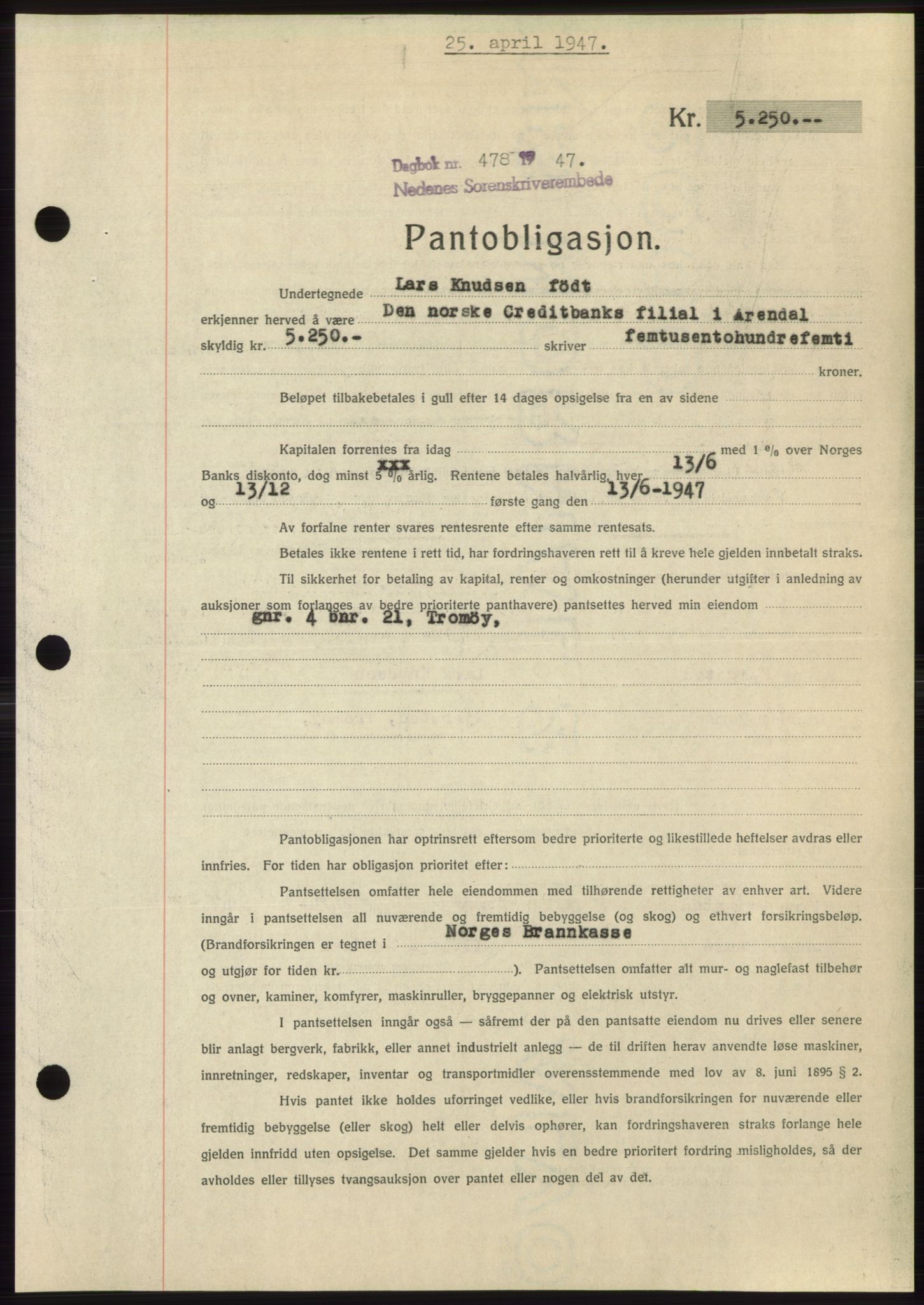 Nedenes sorenskriveri, AV/SAK-1221-0006/G/Gb/Gbb/L0004: Mortgage book no. B4, 1947-1947, Diary no: : 478/1947