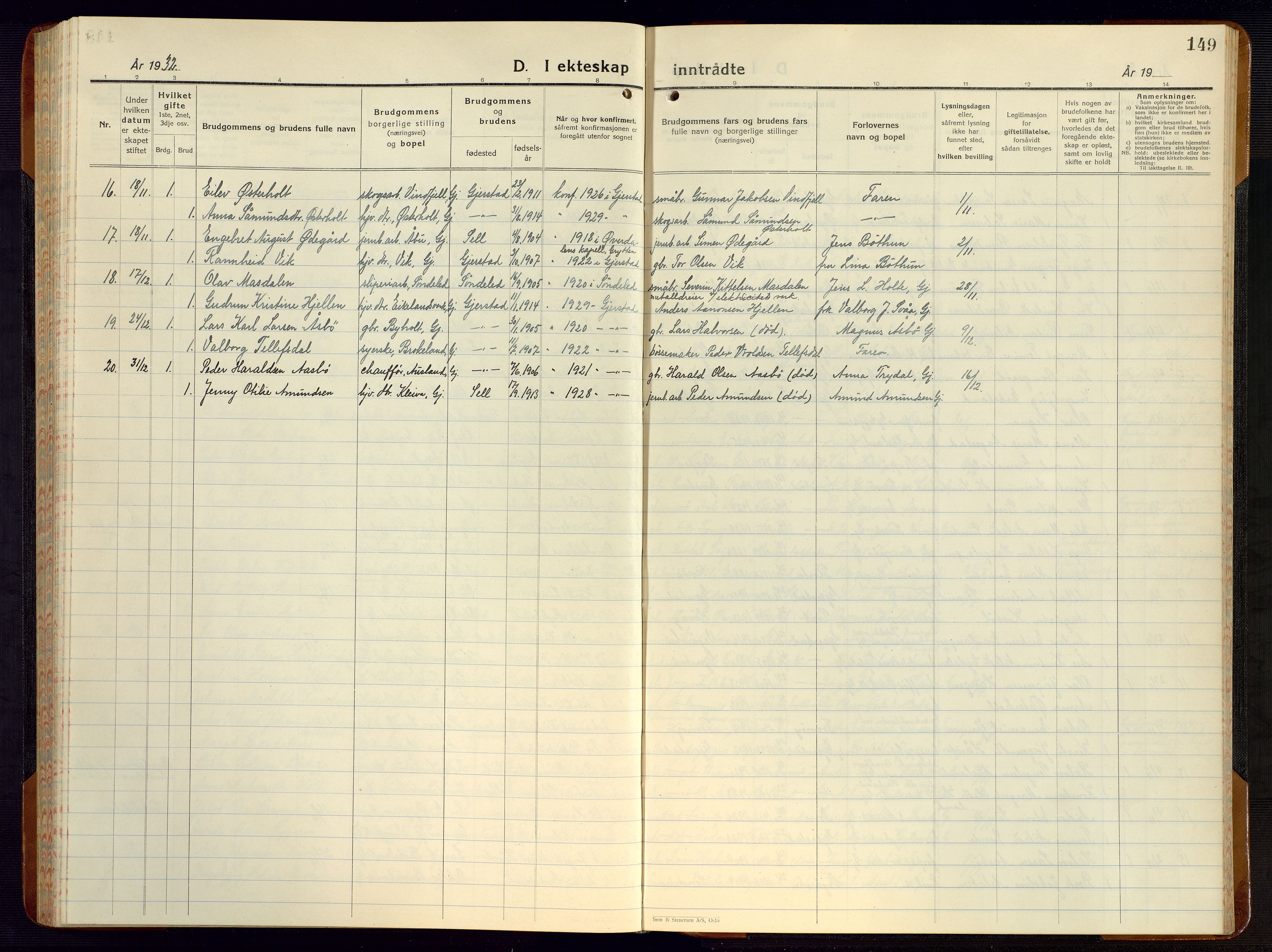 Gjerstad sokneprestkontor, AV/SAK-1111-0014/F/Fb/Fba/L0009: Parish register (copy) no. B 9, 1925-1946, p. 149