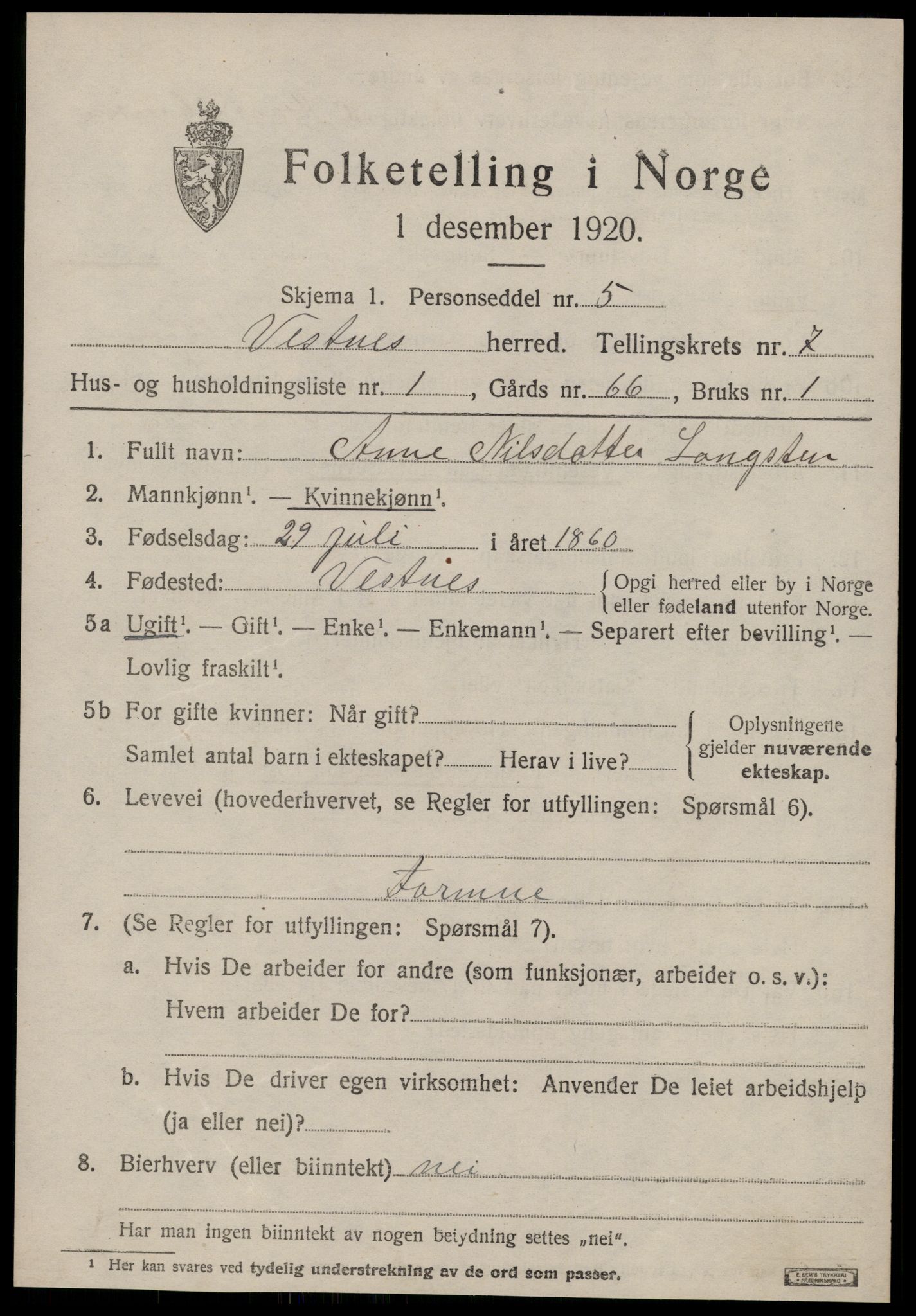 SAT, 1920 census for Vestnes, 1920, p. 5109