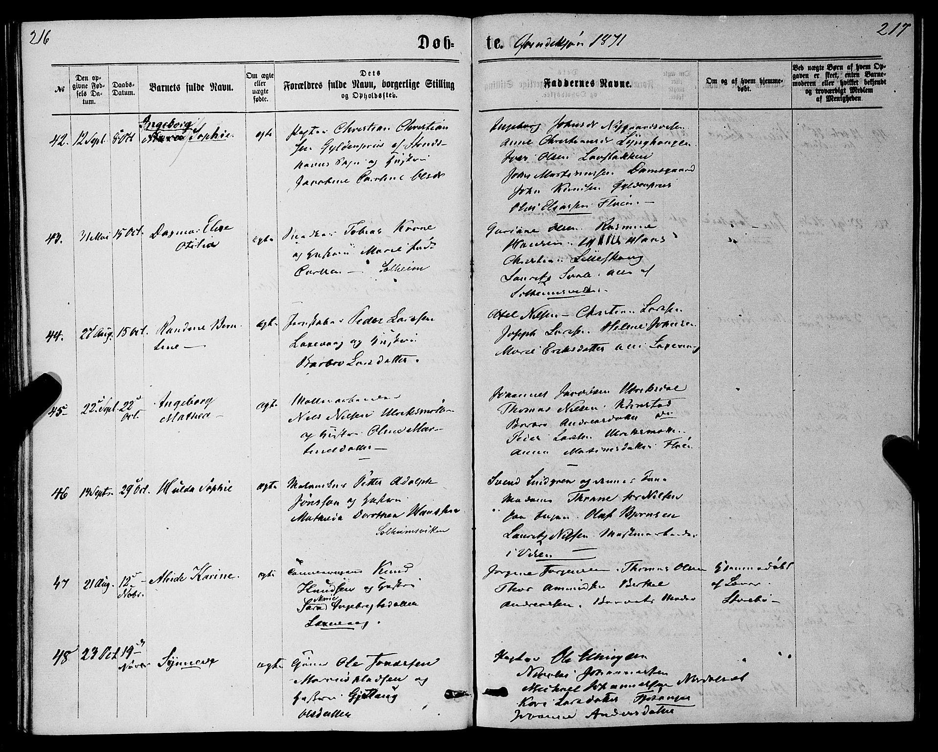 St. Jørgens hospital og Årstad sokneprestembete, AV/SAB-A-99934: Parish register (official) no. A 6, 1870-1878, p. 216-217